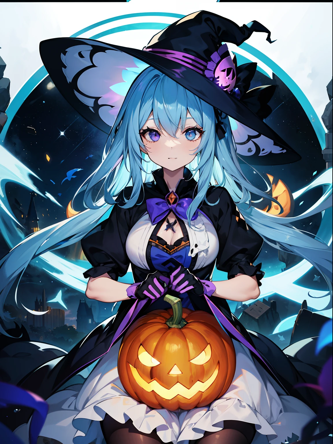 Long light blue hair, Twin-tailed, Glossy hair,Jack Lantern、Large chainsaw in one hand、Obake pumpkin、Put a hockey mask on your head、High Definition Pumpkin、Large pumpkin、She holds a large amount of pumpkin in both hands、Cat ears and witch's hat、Magenta Hair Witch、Sorcerer、Magic broom、angry,Smile、Naughty face、extremely detailed eye、Face Focus、An ultra-high picture quality、Motion Picture Film、Dynamic Angle、top-quality、nigh sky、shooting stars、High-definition background、Motion Picture Film、Enveloped in pale light, She sits on a magic broom and flies through the air、Depth of subject