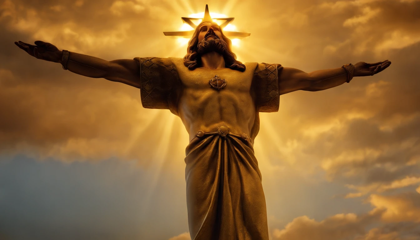 "Jesus stood holding a seven-pointed star in his right hand, Walking among the seven golden candlesticks. He says : : : : : : : :, Jesus, Revealed in the Book of Revelation, Your majesty, Fantasy, looking ahead, And Jesus' feet are like shining jewels. Seven gold candlesticks face forward, And then there is one person. Raising hands." (Best Quality,4k,8K,high resolucion,Masterpiece:1.2), Ultra-detailed, (realisitic,Photorealistic,Realistis:1.37), portrait of a, Vivid colors, studio lit, Sharp focus, physics based rendering, extreme detail description, Biblical Topics, majestic atmosphere, radiant light)