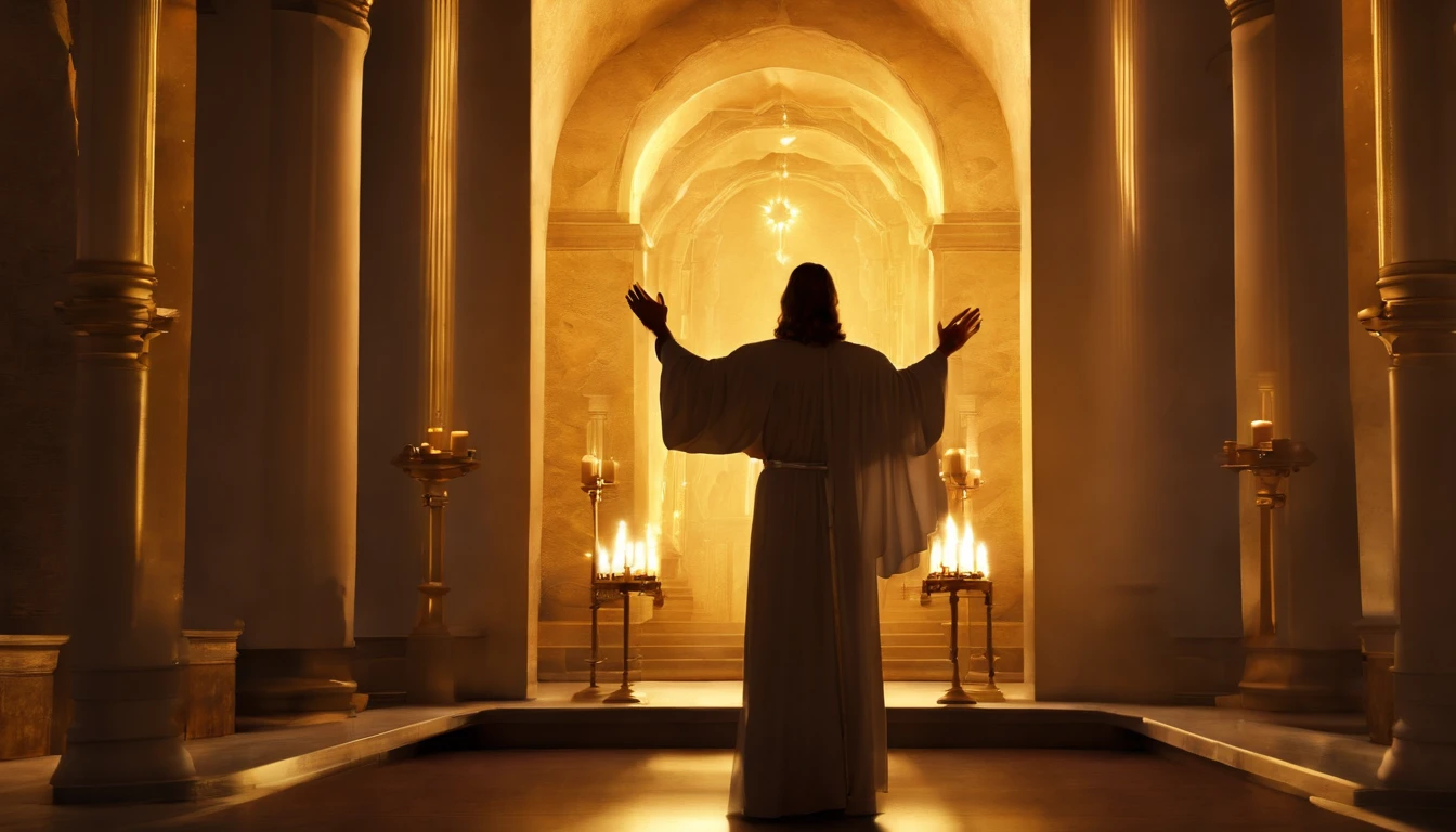 "Jesus stood holding a seven-pointed star in his right hand, Walking among the seven golden candlesticks. He says : : : : : : : :, Jesus, Revealed in the Book of Revelation, Your majesty, Fantasy, looking ahead, And Jesus' feet are like shining jewels. Seven gold candlesticks face forward, And then there is one person. Raising hands." (Best Quality,4k,8K,high resolucion,Masterpiece:1.2), Ultra-detailed, (realisitic,Photorealistic,Realistis:1.37), portrait of a, Vivid colors, studio lit, Sharp focus, physics based rendering, extreme detail description, Biblical Topics, majestic atmosphere, radiant light)