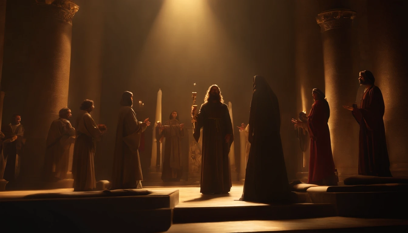 "Jesus stood holding a seven-pointed star in his right hand, Walking among the seven golden candlesticks. He says : : : : : : : :, Jesus, Revealed in the Book of Revelation, Your majesty, Fantasy, looking ahead, And Jesus' feet are like shining jewels. Seven gold candlesticks face forward, And then there is one person. Raising hands." (Best Quality,4k,8K,high resolucion,Masterpiece:1.2), Ultra-detailed, (realisitic,Photorealistic,Realistis:1.37), portrait of a, Vivid colors, studio lit, Sharp focus, physics based rendering, extreme detail description, Biblical Topics, majestic atmosphere, radiant light)