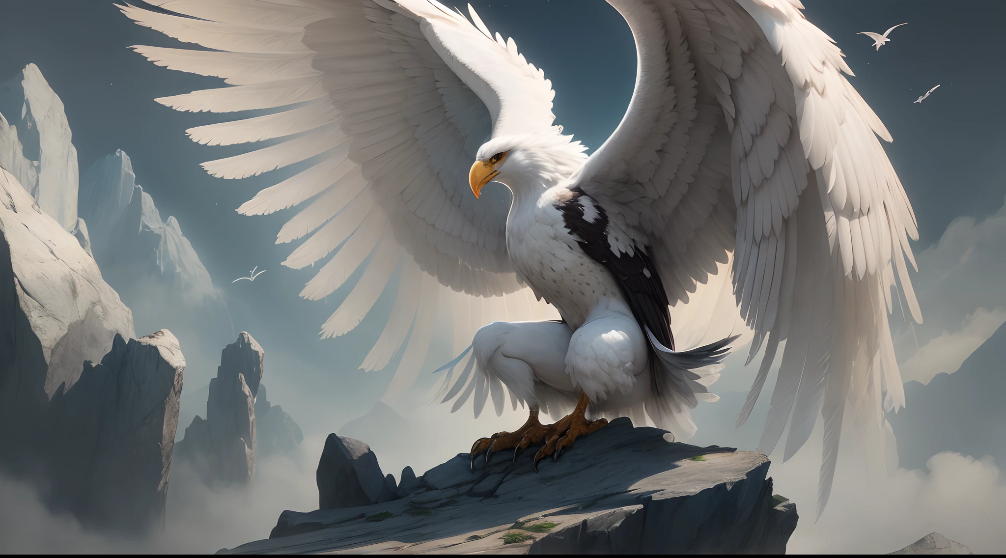 a man standing on top of a mountain next to a bird, digital art, trending on pexels, fantasy art, big white glowing wings, fiery bird, iridescent wings, angel sitting on a rock, majestic symmetrical eagle wings, best photography of 2 0 2 1, griffin-like style, glowing feathers, wings made of light --auto --s2