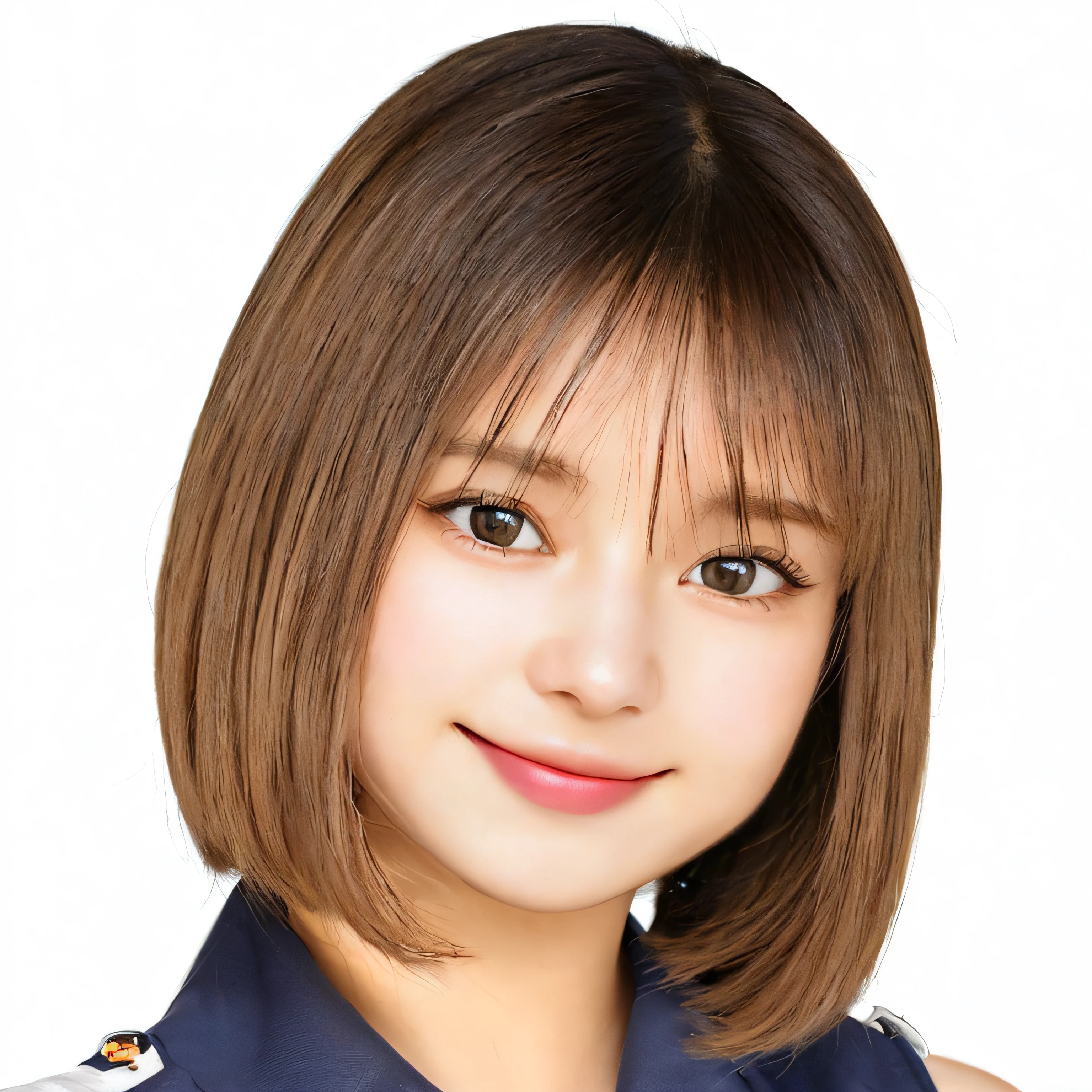 Nose small、Putting out teeth、(8K, Raw photo, Best Quality, masutepiece:1.2), (Realistic, Photorealsitic:1.4), (Very detailed 8k wallpaper), Sharp Focus, depth of fields, blur backgroun, Bokeh, Cinematic lighting, Soft light, Upper body, 20-year-old cute actress crosses arms on the beach.Short hair, (White Plain Bikini: 1.5), Smile