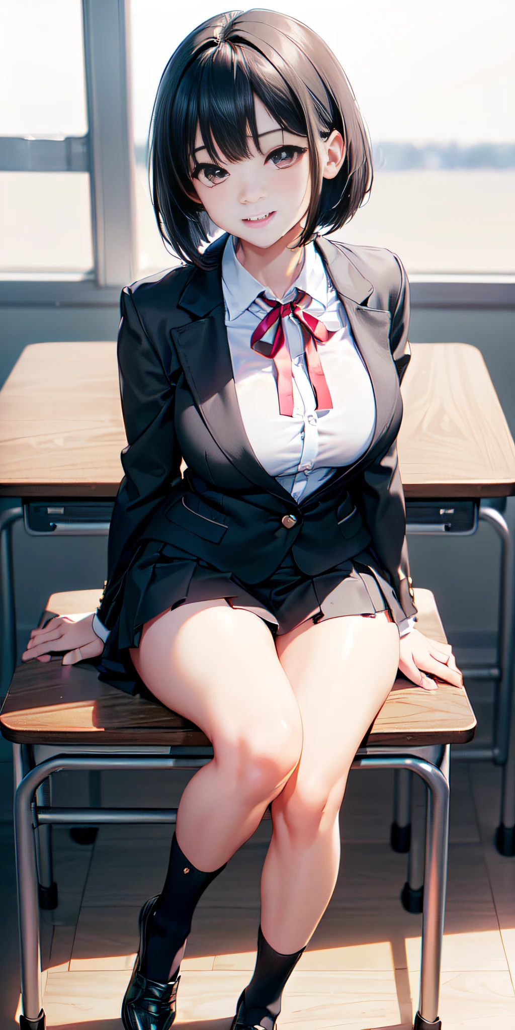 a girl lying on a desk, ((8K, RAW photos, Highest Quality, Masterpieces), HD RAW color photo professional close-up Photograph, (realistic, Photo realism: 1.37), (Highest quality), (Best shadows), (Most Best Illustration), 鎖骨 ((huge breast)), ((Erotic, Sexy, 超高分辨率, HD CG unified 8K wallpaper, Movie lighting),((Full body photo: 1.2)), Ultra-high detailed eyes，Ultra-high detailed face, especially strong light, (Shy:1.2),Shiny skin,, (Slender legs), Shy, (sun light:1.2), ((Enchanting posture: 1.2, Attractive: 1.2)),Perfect face, ((ultra short skirt: 1.2)),beautiful legs, Slender legs,highly detailed face, highly detailed eyes,(Japanese school uniform, choker, lace stockings: 1.2)