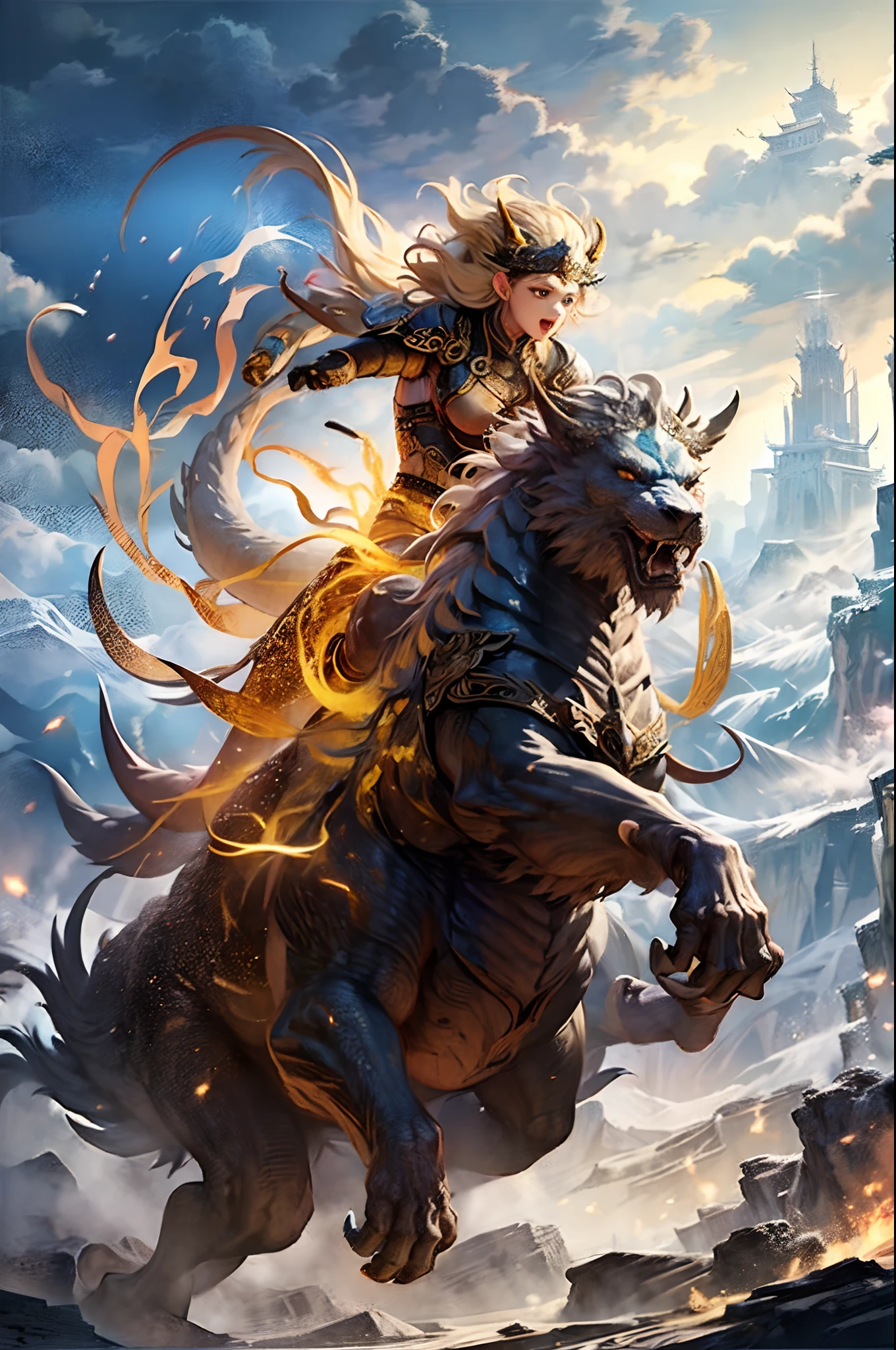 Big Yellow Cave Well,Masterpiece,超高分辨率,Mountain and Sea Skylark Scroll,Ancient mythology《Mountain and Sea Sutra》,mythological beasts,Epic composition,shadowing,National style