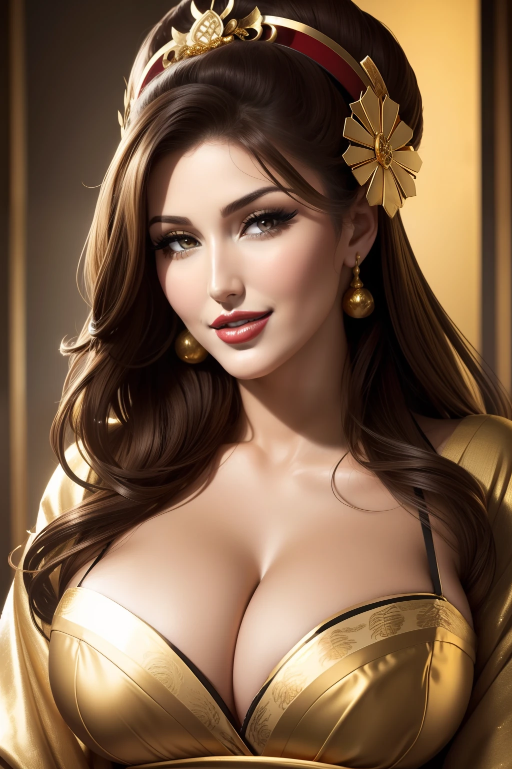 lucy pinder, face portrait, smiling, geisha, ((Gold lipstick)), cleavage