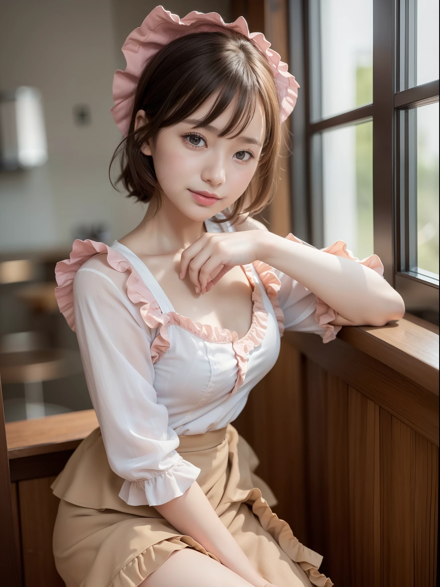 ((of the highest quality, 8K, masutepiece: 1.3, Raw photo)), Sharp Focus: 1.2, (1 AESPA Girl :1.1), Solo, (Realistic, Photorealistic: 1.37), (Face Focus: 1.1), Cute face, hyperdetailed face, (short messy hair: 1.2), Small Smile, Small breasts, flat chest, nude, (dirndl: 1.5), ((ruffle-skirt, multilayer-skirt):1.32), (rolling up skirt, show panties :1.1), from behind, wind, Thigh, cafe, bar, lily