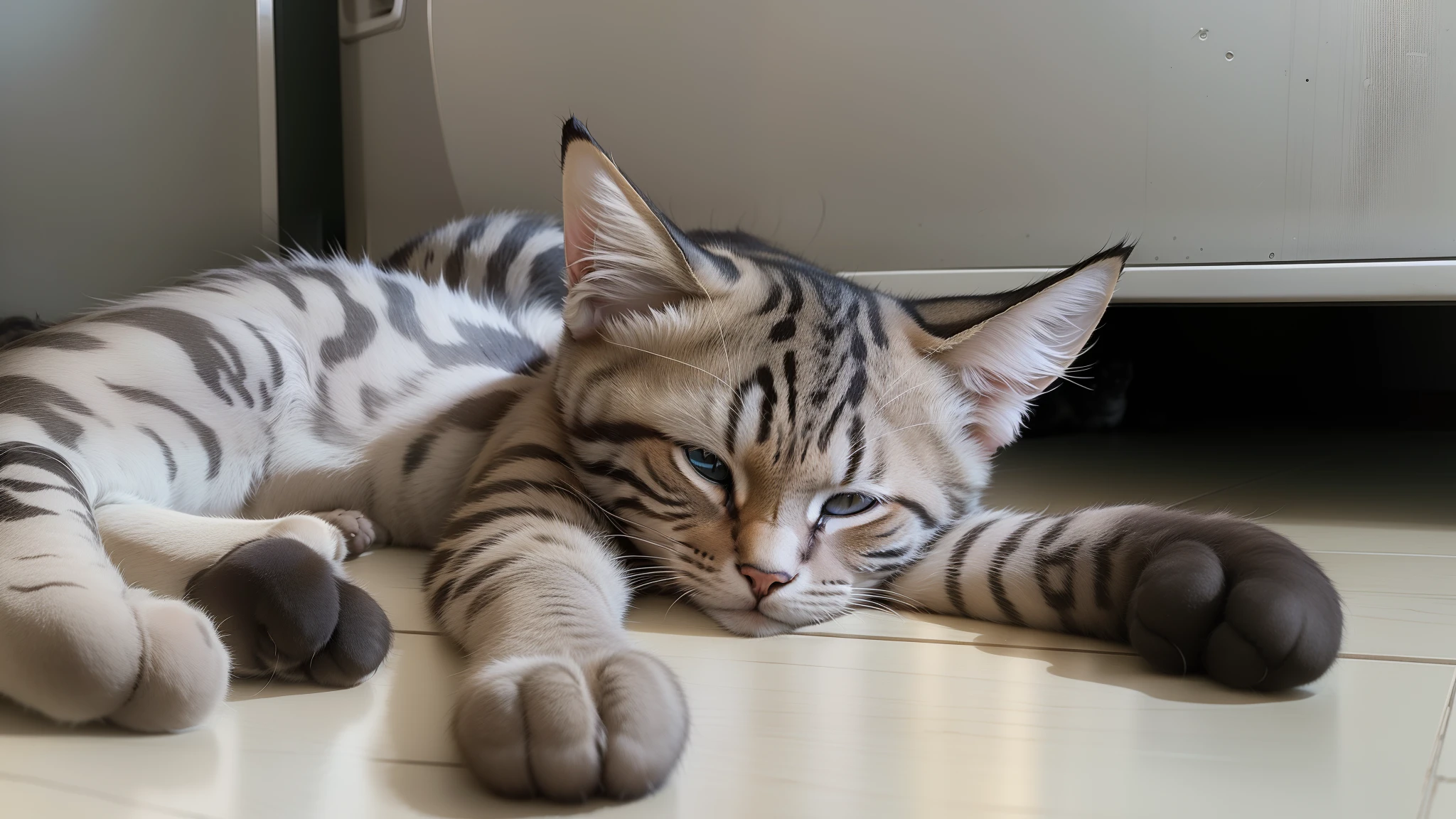 a cat laying on the floor next to a refrigerator, cat sleeping, photo of a cat, cat photo, cute cat photo, cute cat, cute furry needs your help, tabaxi male, photo taken with ektachrome, elokitty, 'i'm so tired, sleepy feeling, tabaxi, happily tired, kitten sandwish, sleeping