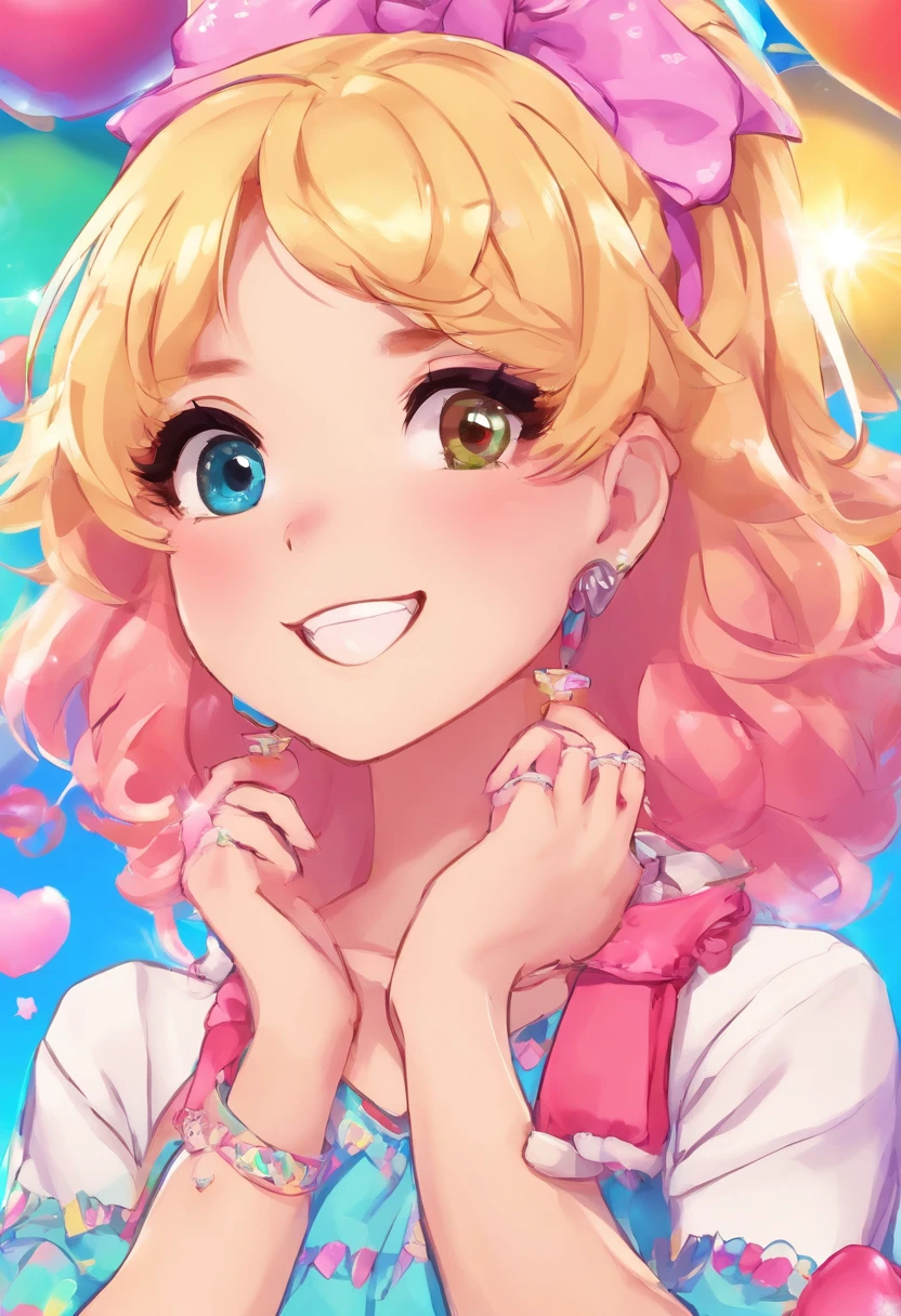 Idol meninas, cheeleader, Pose para foto, cores planas, estilo anime, estilo dos desenhos animados, big forhead, olhos grandes, roupas roxas e rosas, em um campo de futebol, luz solar, sorrir