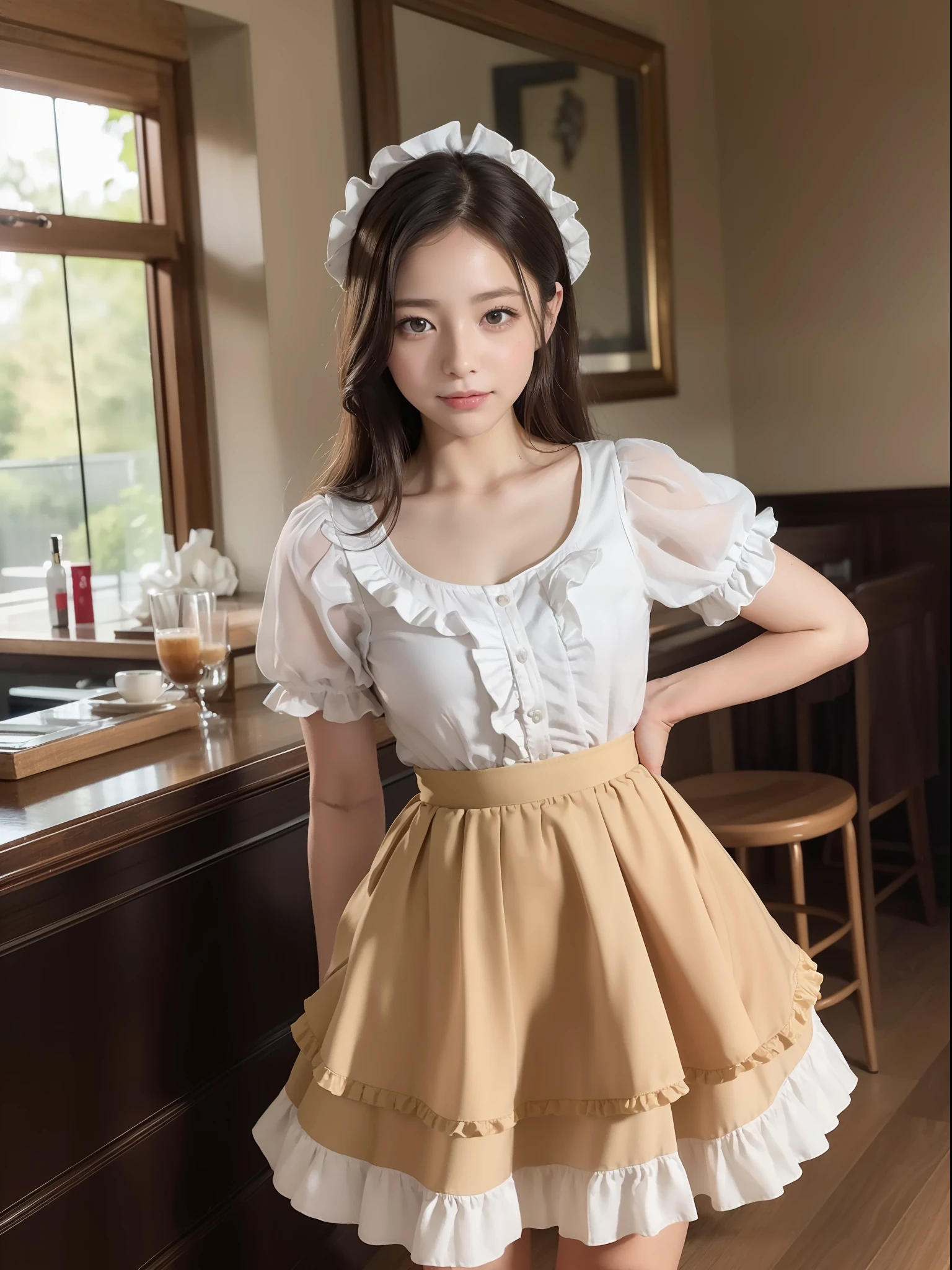 ((of the highest quality, 8K, masutepiece: 1.3, Raw photo)), Sharp Focus: 1.2, (1 AESPA Girl :1.1), Solo, (Realistic, Photorealistic: 1.37), (Face Focus: 1.1), Cute face, hyperdetailed face, (short messy hair: 1.2), Small Smile, Small breasts, flat chest, nude, (dirndl: 1.5), ((ruffle-skirt, multilayer-skirt):1.32), Thigh, cafe, bar, lily