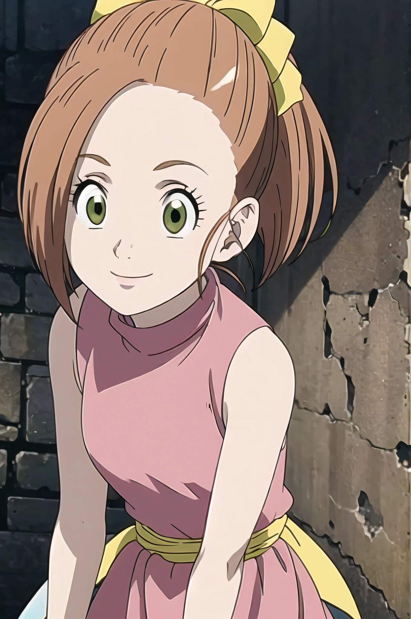 KLUKE, BROWN HAIR, BOW, GREEN EYES, PONYTAIL, HAIR BOW, pink dress, sleeveless, 1girl, solo, facing viewer, looking at viewer, smile.