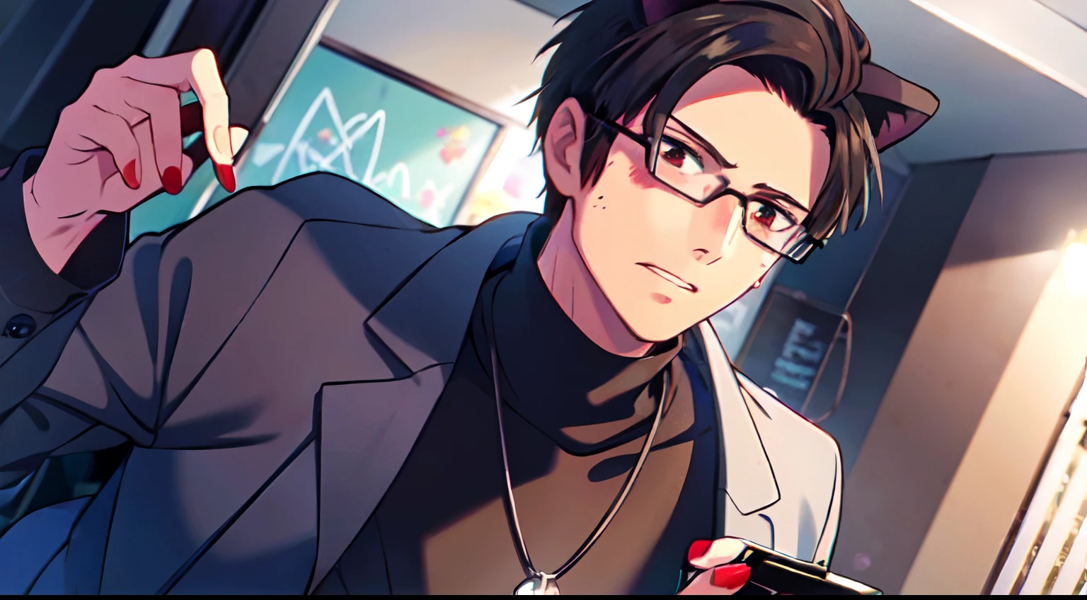 masterpiece, 1Man, luci, Luci/(HumanWorld)/, red eyes, black hair, flustered, looking away, blush, cat ears, eyewear, black turtleneck, blue cardigan, necklace,