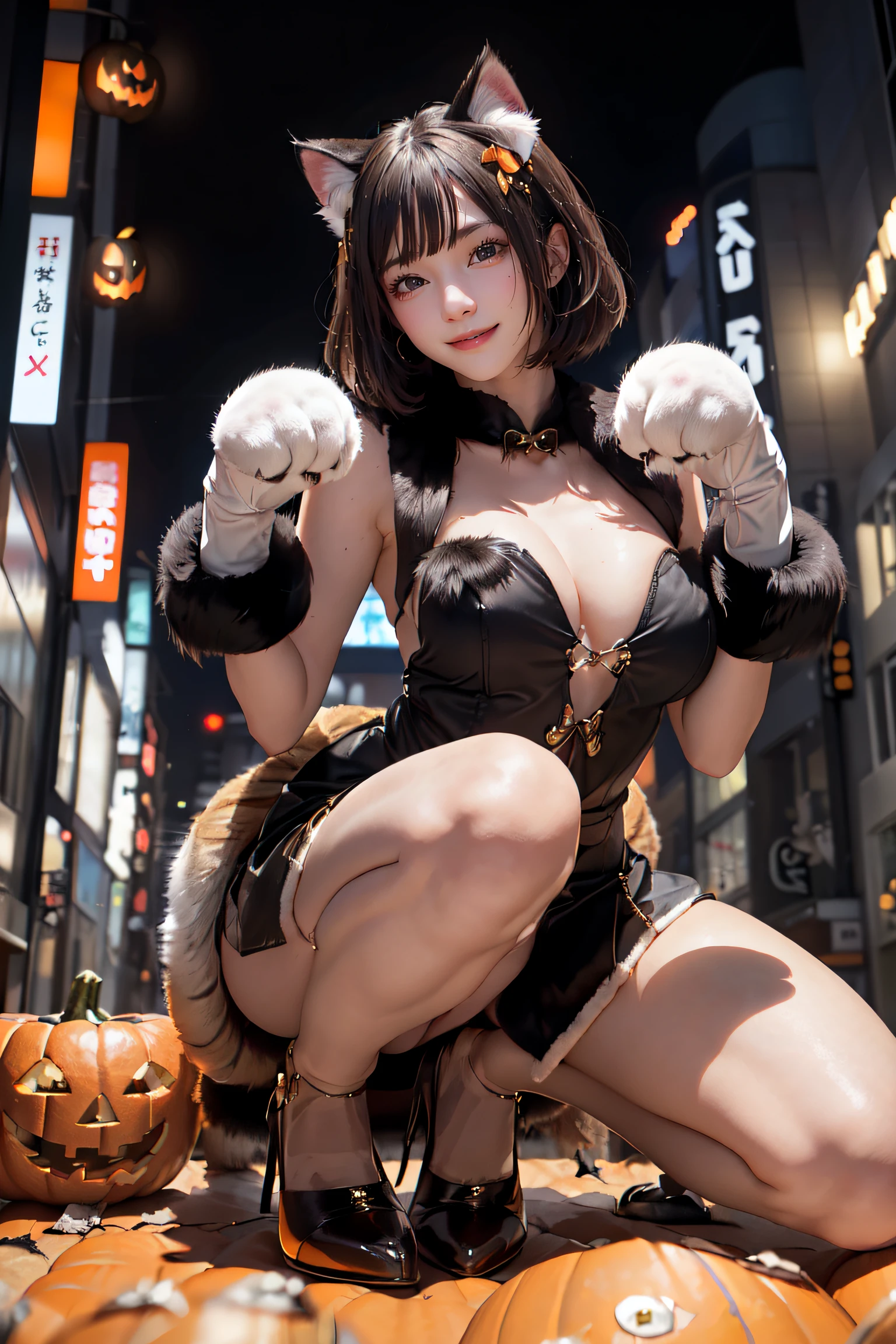 masterpiece, top-quality, top-quality, Beautifully Aesthetic:1.2, 1girl, party night, ((Wearing a high-quality fur costume cat, gloves of cat, cat paw-shaped shoes, fur miniskirt):1.2), high detailed, (kneeling with paw pose:1.3), large breasts, firm breast, nicely shaped breasts, slender figure, 
((Dark Brown Hair)), wavy hair, ((short hair:1.2)), 
((in A modern street of decorated for Halloween in Shibuya at late night:1.2)), (Upper body shot:1.1), (From below), (Focus on face:1.1), ((looking at viewer:1.2)),