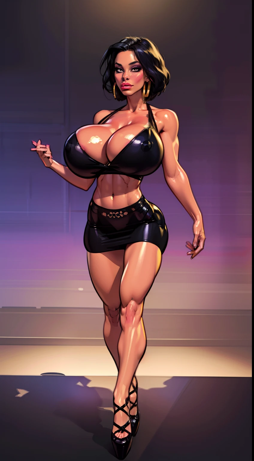 1 woman, fantasy elf, dress, nighclub setting ((above view:1.4)), (masterpiece)),(((best quality))),((character)), ((full body view)) ((seductive pose)) mature face, defined cheekbones, high cheekbones, illustration, girl, muscular, sexy bimbo, (gigantic breasts:1.7) ((detailed face:1.4)) A shimmering adorned in (dark theme:0.9), medieval upper body of a woman sharp features, pointy ears, platinum hair, bob cut, sophia loren, makeup, eyeliner, eyelashes, mascara, black skin, gold sexy dress, cleavage, gigantic breasts, ultra-detailed complex 3D rendering of face, (big breasts: 8.8), (highly detailed skin: 1.2), (exposure: 1.1), red lipstick, earrings, grim, cold stare, dark colors, Volumetric lighting, baroque oil painting by Greg Rutkowski, Artgerm, WLOP, dynamic angle, mystical expression, dark glow effect, fantasy background, rim lighting, side light, cinematic light, ultra high definition, 8k, film grain,best shadow, light particles, navel exposed, detailed skin texture, detailed face, intricate details, super detailed, dark, strong, cleavage, slender detailed abs, fantasy, (realistic), exposed midriff, detailed eyes, ((slendered abs)),((huge breasts:1.9)), (full bodied), wide hips, (fake lips:1.5), Alphonse Mucha dynamic lighting hyperdetailed intricately detailed, (hdr:1.22), muted colors, complex background, hyperrealism, hyperdetailed, amandine van ray, shiny skin, scribbles and marks,(puffy lips:1.5) , rough sketches, 8k,16k, ((dance club:1.5)),