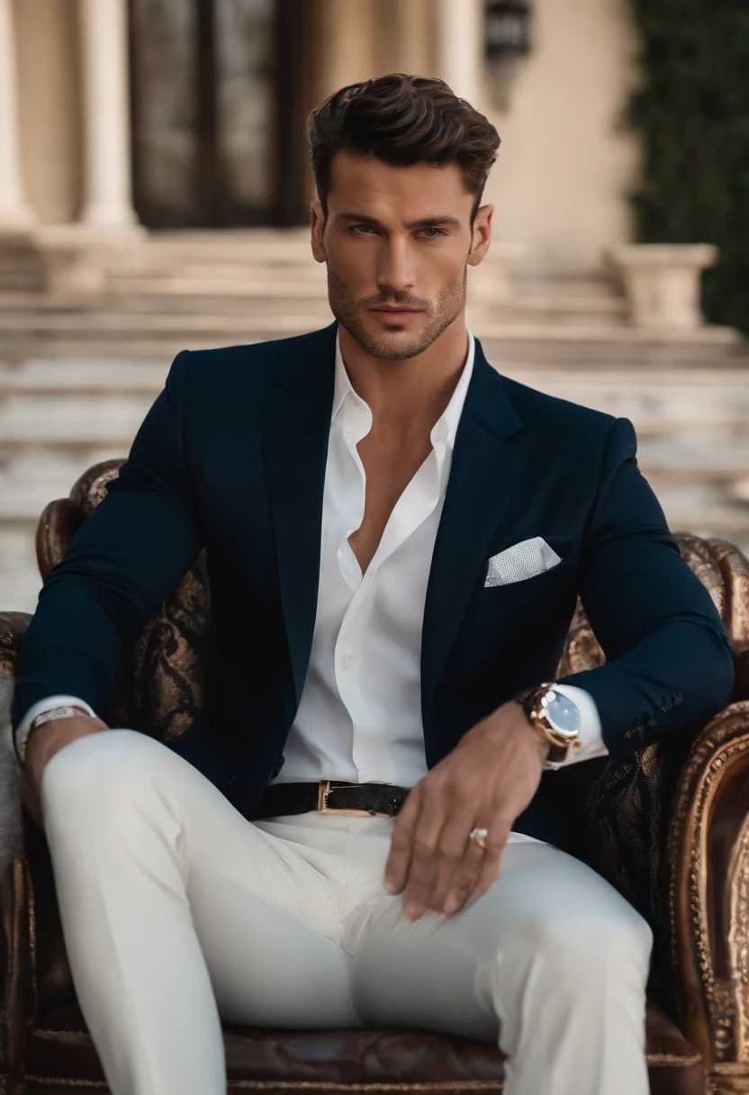 Michele Morrone lookalike face,
A young man,Handsome,well-muscled,Hairy body,white sock,Ultra-thin tights(Detailed eyes:1.3),Naked topless,Nudity Everywhere,Blue eyes,massive bulge,Black hairs protruding from the bulge, full body Esbian,Character sitting on a chair with arms raised, black hair (short classy hair,), Nice Pose, Handsome man, Pretty Face, royal elegant pose, businessman, (In a striped blazer), (The surrounding environment is a luxurious and classic living room) (Sandtone imagery) ultra realistic, royalty prince looking, old money aesthetic, Italian looking, Joel Kinnaman lookalike, classy suit, Rolex, classic car in the background, royalty looking, wearing Ralph Lauren suit, Raoul Bova face lookalike, Italian luxury country mansion in the background