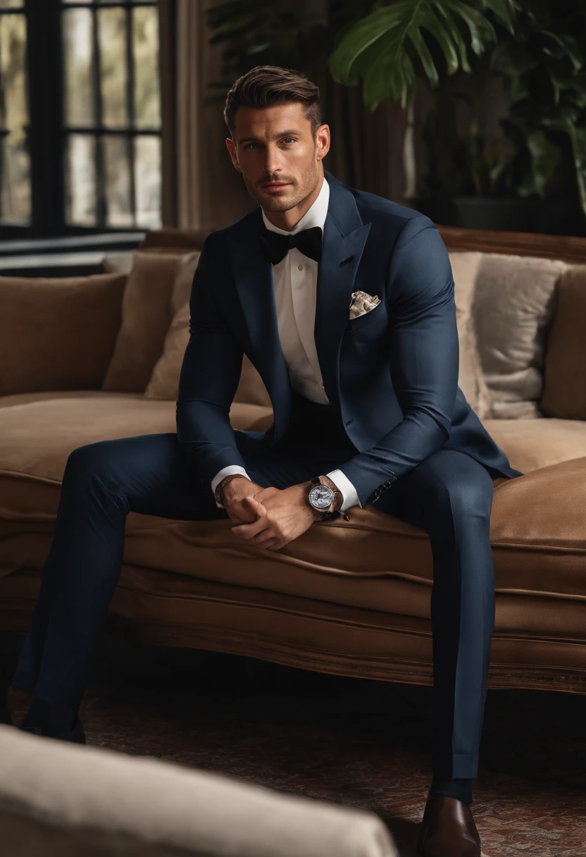 Michele Morrone lookalike face,
A young man,Handsome,well-muscled,Hairy body,white sock,Ultra-thin tights(Detailed eyes:1.3),Naked topless,Nudity Everywhere,Blue eyes,massive bulge,Black hairs protruding from the bulge, full body Esbian,Character sitting on a chair with arms raised, black hair (short classy hair,), Nice Pose, Handsome man, Pretty Face, royal elegant pose, businessman, (In a striped blazer), (The surrounding environment is a luxurious and classic living room) (Sandtone imagery) ultra realistic, royalty prince looking, old money aesthetic, Italian looking, Joel Kinnaman lookalike, classy suit, Rolex, classic car in the background, royalty looking, wearing Ralph Lauren suit, Raoul Bova face lookalike, Italian luxury country mansion in the background