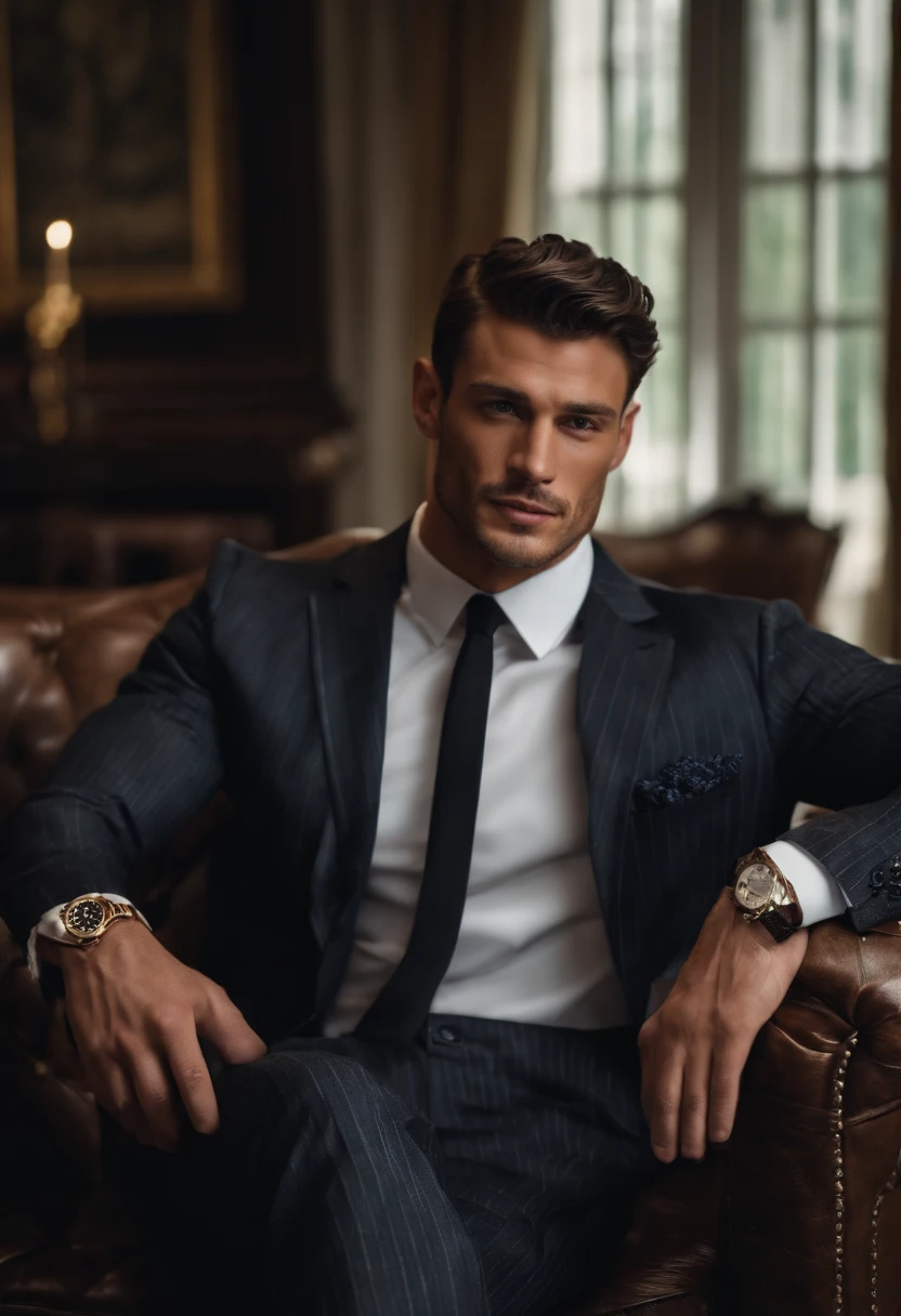 Michele Morrone lookalike face,
A young man,Handsome,well-muscled,Hairy body,white sock,Ultra-thin tights(Detailed eyes:1.3),Naked topless,Nudity Everywhere,Blue eyes,massive bulge,Black hairs protruding from the bulge, full body Esbian,Character sitting on a chair with arms raised, black hair (short classy hair,), Nice Pose, Handsome man, Pretty Face, royal elegant pose, businessman, (In a striped blazer), (The surrounding environment is a luxurious and classic living room) (Sandtone imagery) ultra realistic, royalty prince looking, old money aesthetic, Italian looking, Joel Kinnaman lookalike, classy suit, Rolex, classic car in the background, royalty looking, wearing Ralph Lauren suit, Raoul Bova face lookalike, Italian luxury country mansion in the background