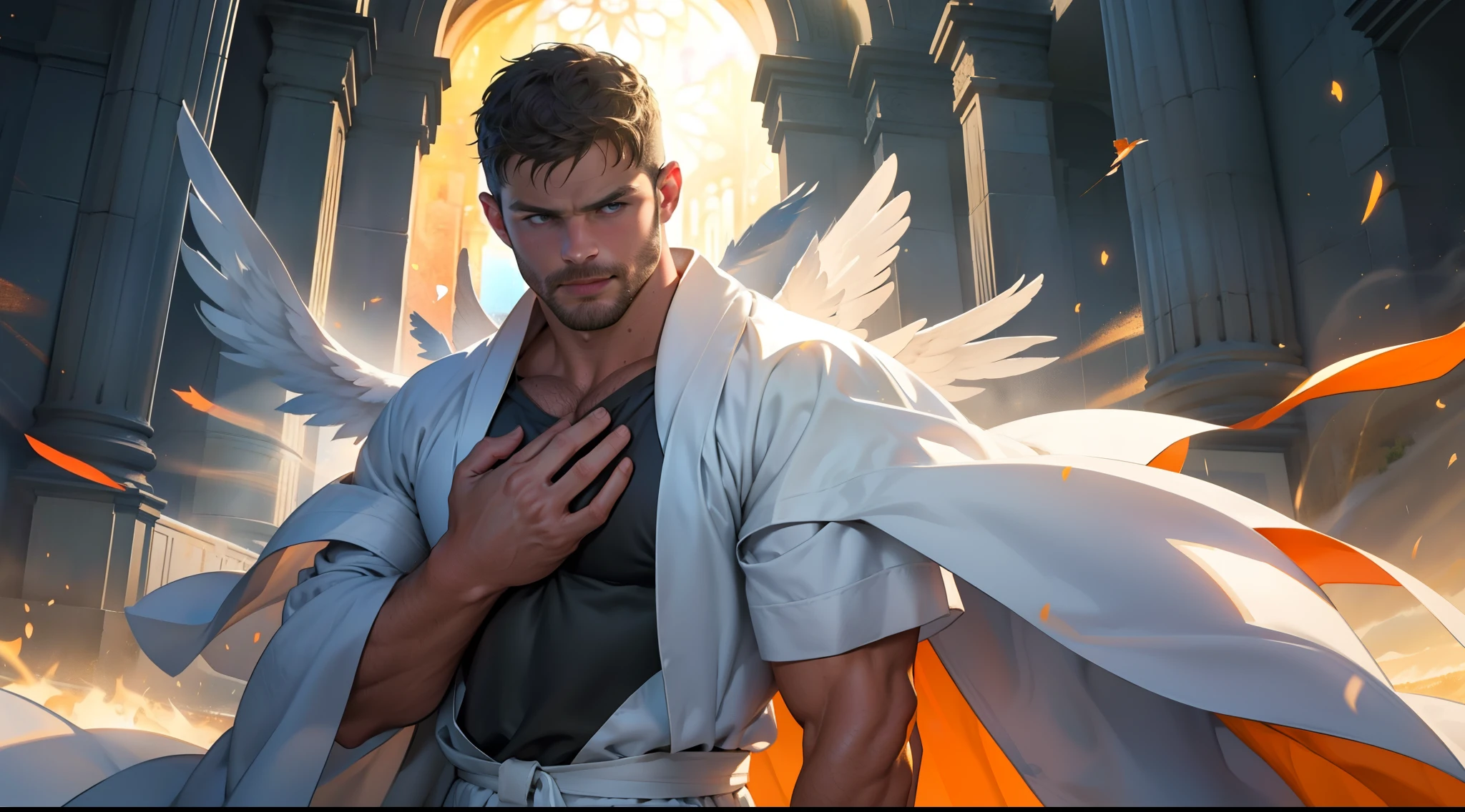 Man with large wings of white feathers on the back, praying, large wings, Jamie Dornan, eyes of light, wearing short black beard, wearing Golden Crown, focus on the details of the face, coming out happy rays, serious and attractive man, wearing white robe, magical and real effect, movie cover, with magical light explosions, powerful celestial warrior, similar to actor Jamie Dornan,  orange magic sky image background, (8k, RAW photo, best quality, masterpiece: 1.2), (realistic, photorealistic: 1.37), professional lighting.