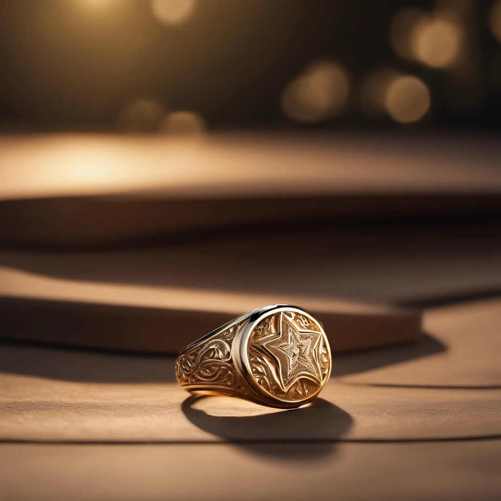 ((Ring design concept art)),Yellow gold ring,(Ring concept blueprint),((Ring rings in the shape of waves)),Engraved five-pointed star,(Fine craftsmanship),Hemming,Natural sunlight,Shining Effect