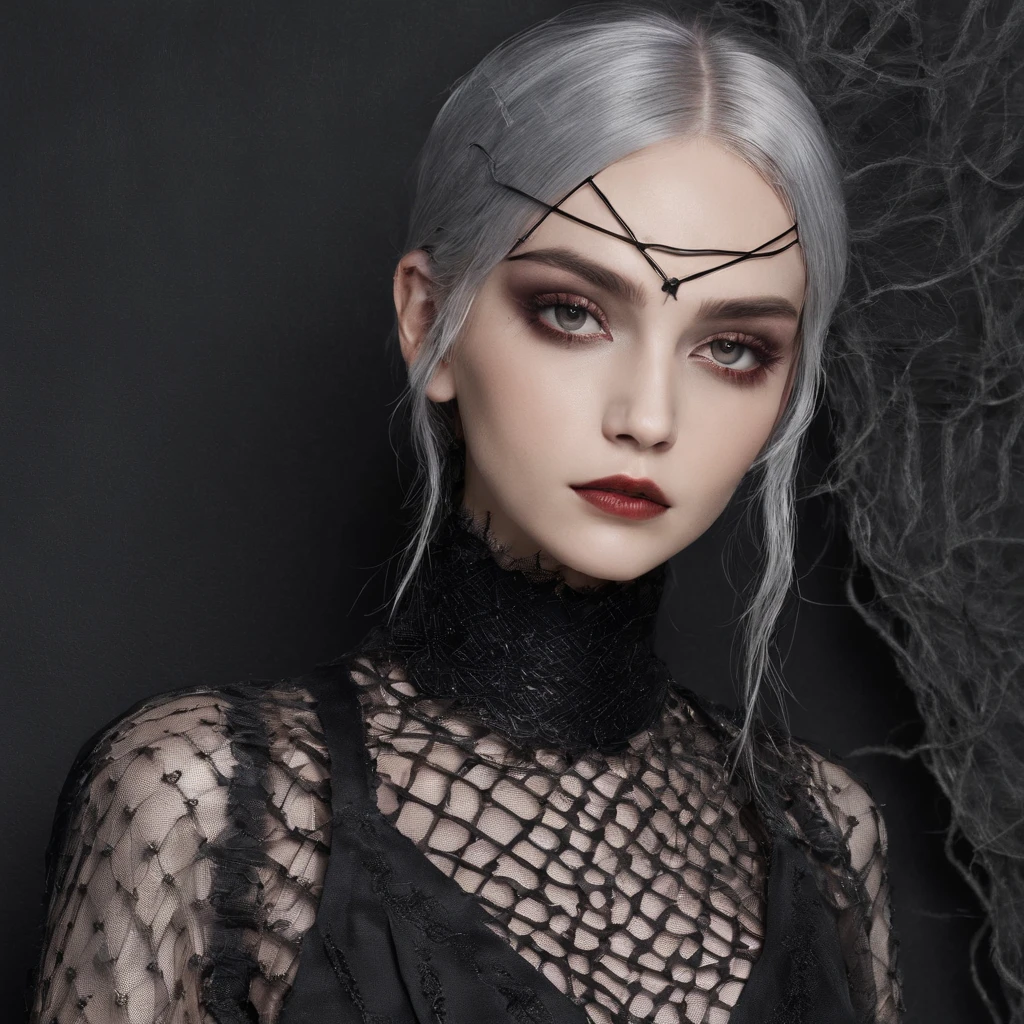 Design a mysterious and haunting portrait of the Malay woman in a Victorian-era gown, white hair, surrounded by eerie, fog-shrouded ruins, creating an atmosphere of Gothic horror