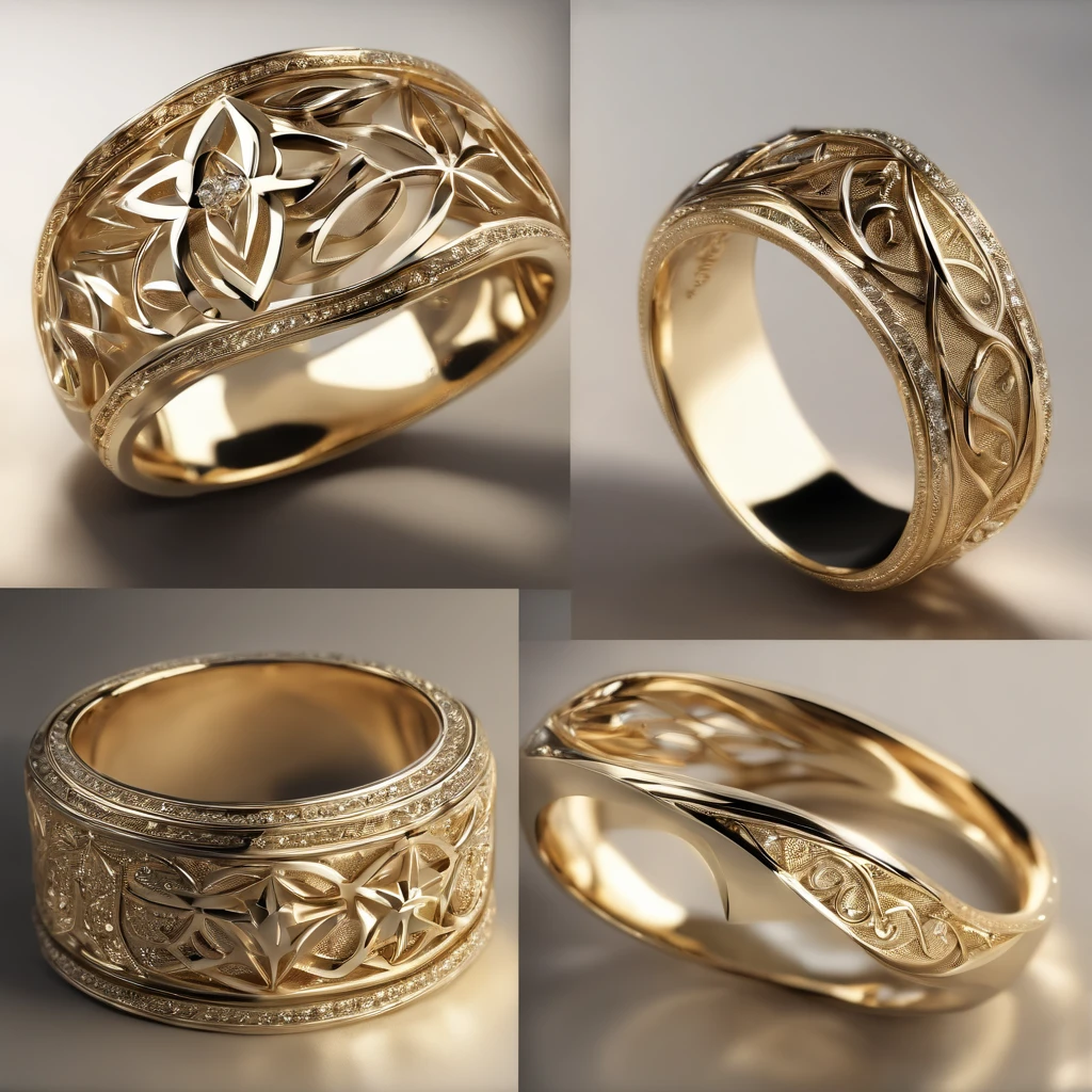 ((Ring design concept art)),Yellow gold ring,(Ring concept blueprint),((Ring rings in the shape of waves)),Engraved five-pointed star,(Fine craftsmanship),Hemming,Natural sunlight,Shining Effect
