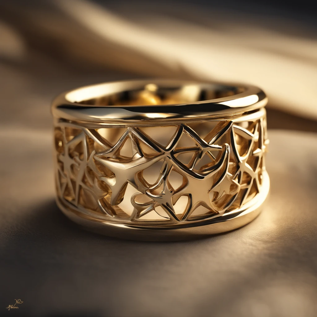 ((Ring design concept art)),Yellow gold ring,(Ring concept blueprint),((Ring rings in the shape of waves)),Engraved five-pointed star,(Fine craftsmanship),Hemming,Natural sunlight,Shining Effect
