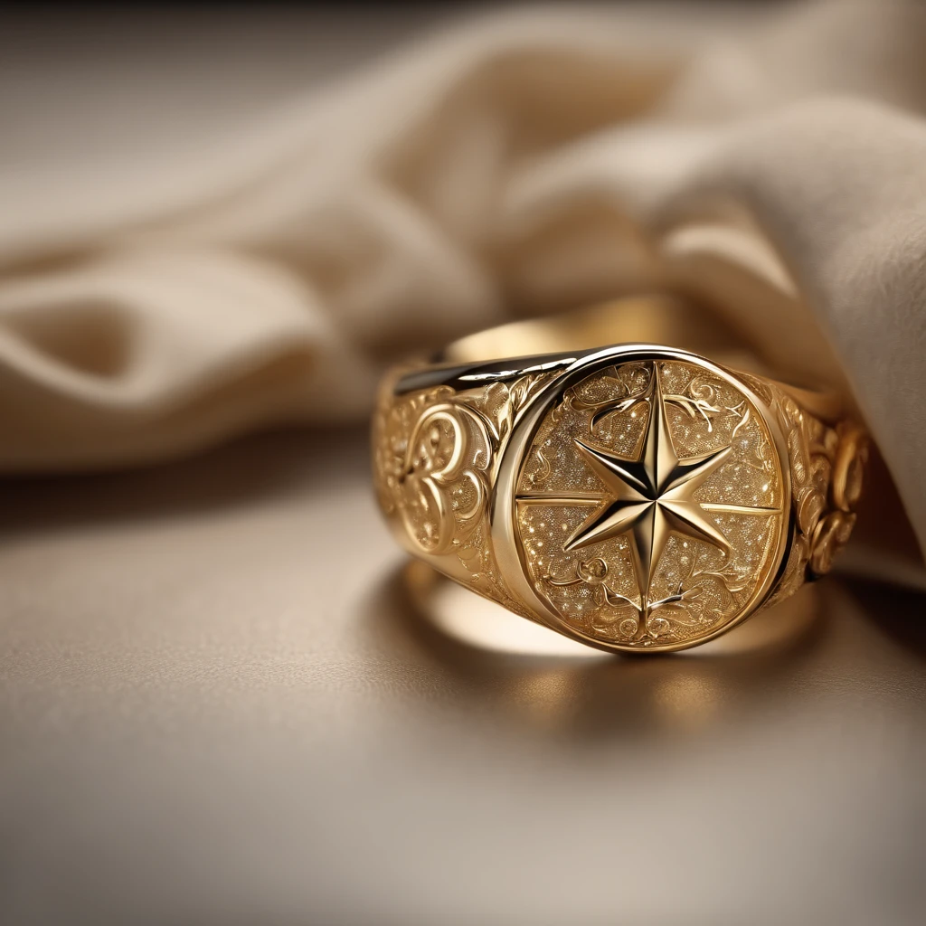 ((Ring design concept art)),Yellow gold ring,(Ring concept blueprint),((Ring rings in the shape of waves)),Engraved five-pointed star,(Fine craftsmanship),Hemming,Natural sunlight,Shining Effect