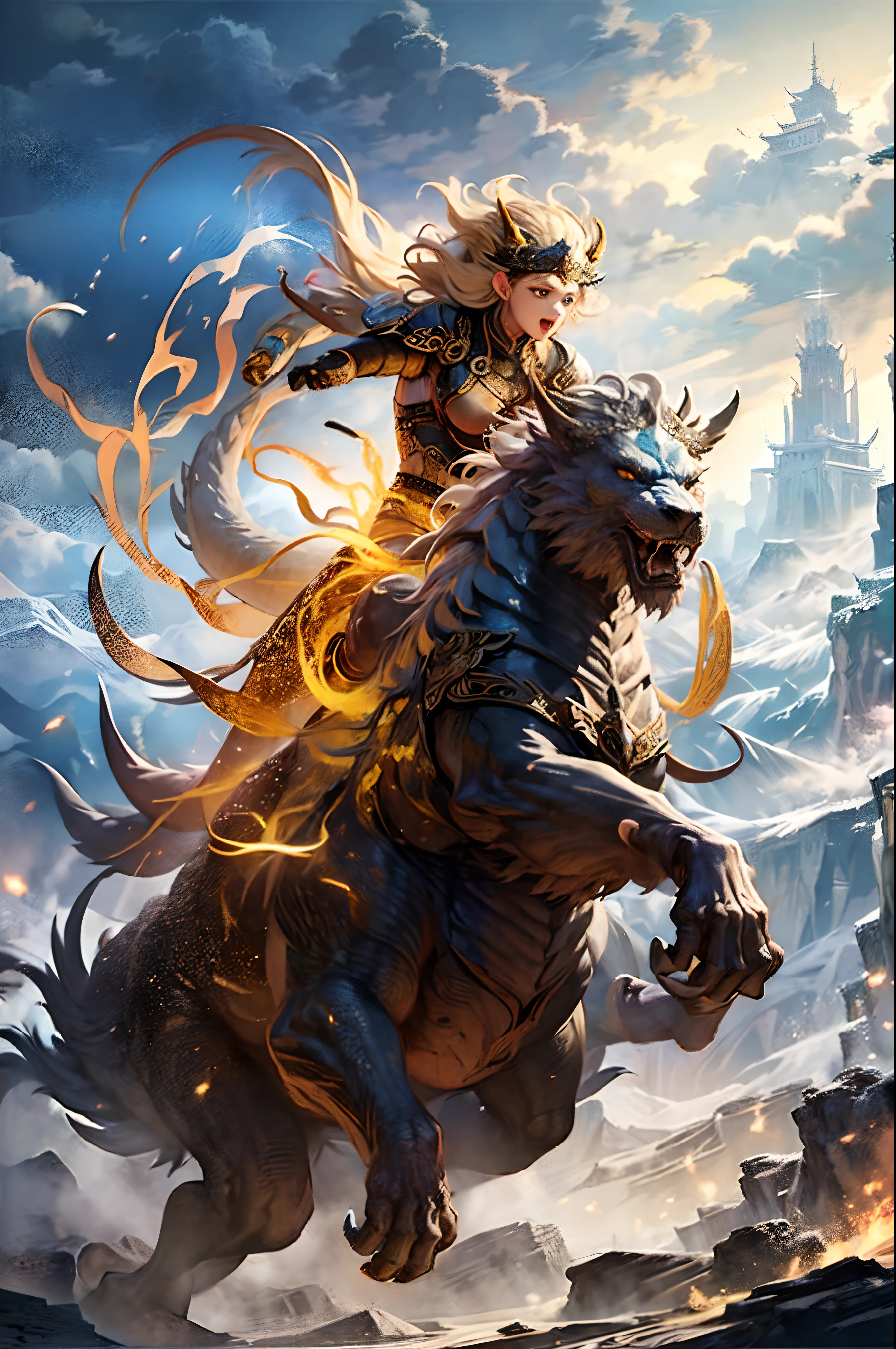 Big Yellow Cave Well,Masterpiece,超高分辨率，Mountain and Sea Skylark Scroll，Ancient mythology《Mountain and Sea Sutra》，mythological beasts，Epic composition，shadowing，National style