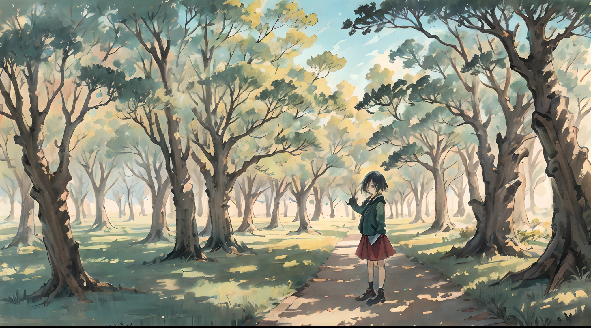 A girl in a park with cypress trees