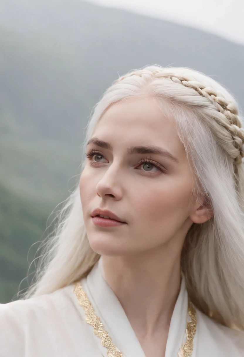 best quality, masterpiece,white hair, gold eyes,white clothes, looking up, upper body,hair strand,Fair skin,side braids