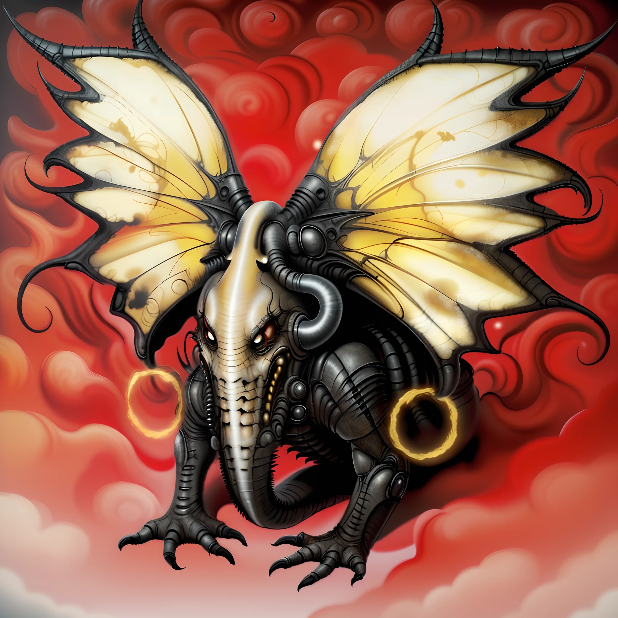 Close-up of monster with golden wings, Elephant nose, There are small but sharp eyes on either side of the nose,No mouth,Sharp front paws,Two large earrings,one a demon-like creature, thopter from magic the gathering, Xenomorph, demogorgon, Gilartina, Inspired by Wayne Barlow, barlowe wayne, a horned, demon, From Pathfinder,Big Yellow Cave Well,HRGigerArhP style,Simple red clouds surging background