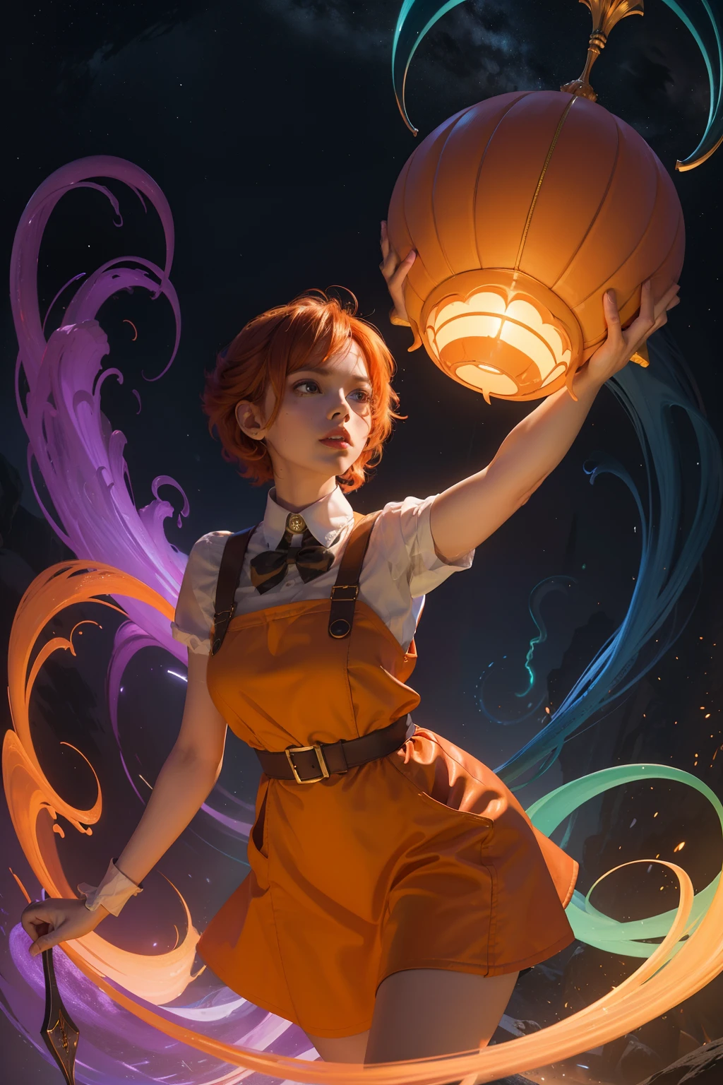 concept art, overhead angle of a Will-o'-the-wisp, wearing Funny Somali Emerald deep orange Pinafore, Caramel hair styled as Short hair, fluorescent purple Hair tie, equirectangular 360, Highres,  [(art by Willi Baumeister:1.1), (art by John T. Biggers:1.2)::17], official art, unity 8k wallpaper, ultra detailed, aesthetic, masterpiece, best quality, photorealistic