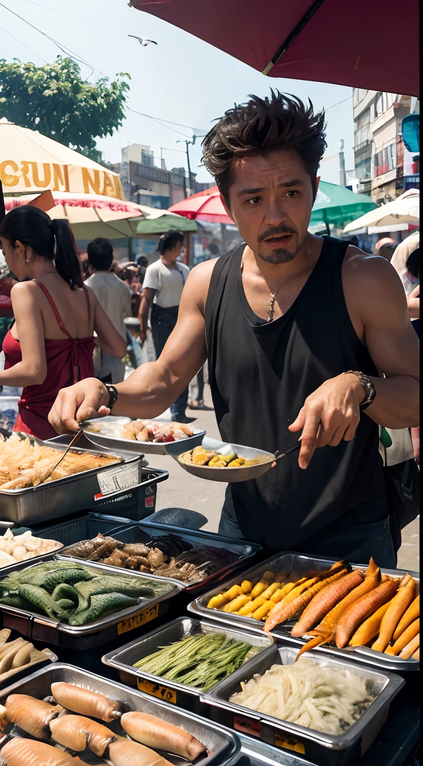 robert downey, fish, divisoria market, sitting chair, wearing sando, casual style, angry tone, 40-year old audience, high-quality image, ultra-detailed, realistic, natural lighting, vibrant colors, bustling atmosphere, street vendors, variety of fish, customers haggling, chaotic stalls, noisy background, intense facial expression, hand gestures, sweat dripping, scorching heat, vibrant market scene, lively conversations, large crowd, fish scales glistening, colorful fish, fish odor, robust fisherman, folded money, weighing scale, lively bargaining, smoky grill, grilled fish aroma, busy market buzz, colorful umbrellas, street food stalls, vendors shouting, unique street art, busy intersection, vibrant energy, worn-out fishing nets, piles of fish crates, worn-out sandals, market chaos, lively transaction, melted ice, fresh catch, hard-earned money, seagulls circling, street musicians playing upbeat tunes.