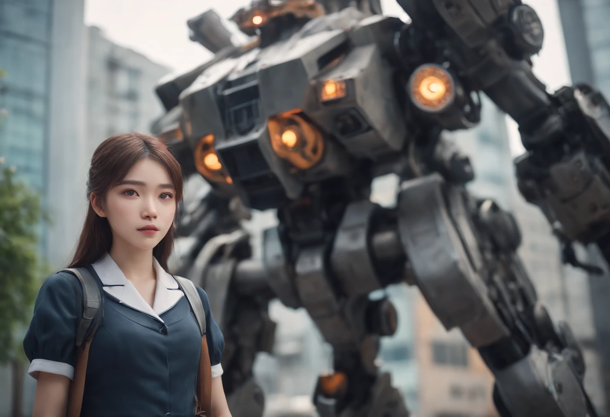 An anime  girl with a huge mech