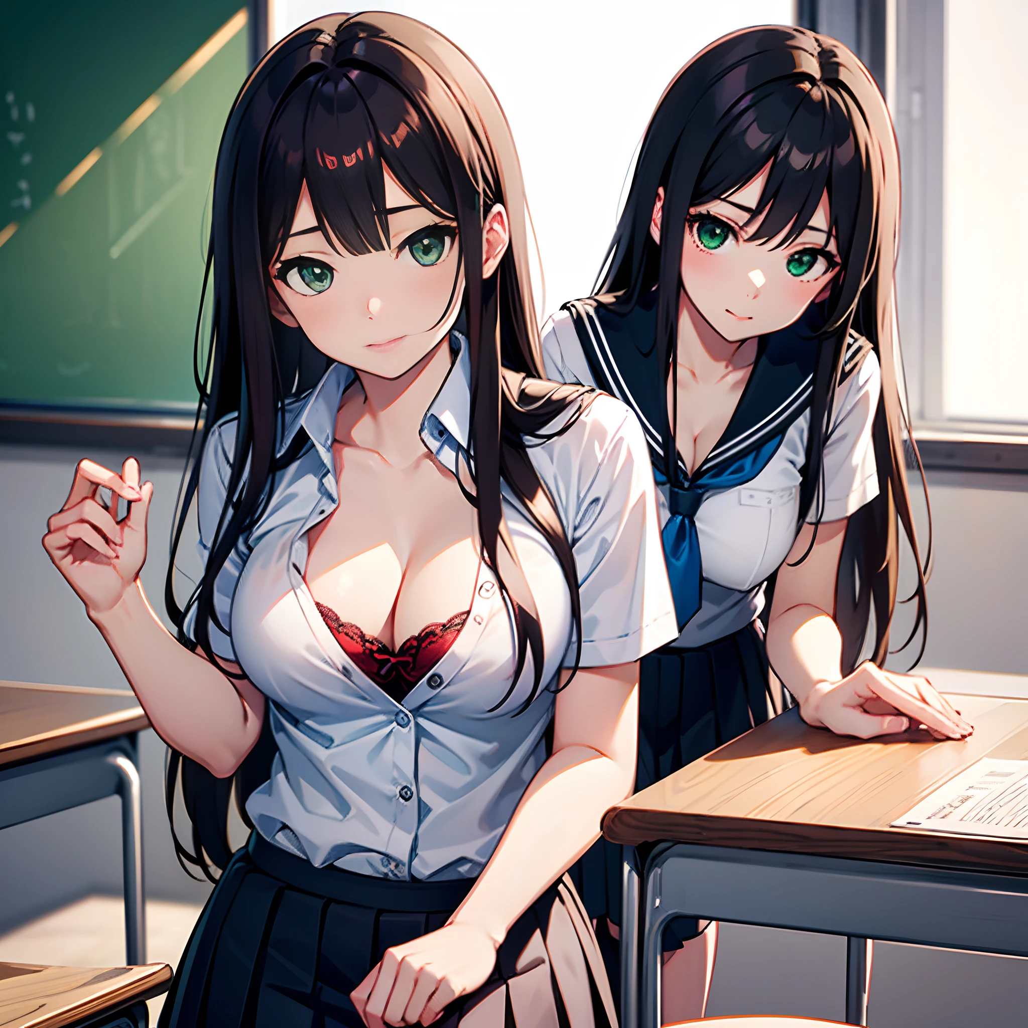 Brunette girl, green eyes, light skin, long hair, E cup Breasts, wearing school girl uniform, classroom background, shy face, 1 girl, leaning toward camera revealing cleavage.