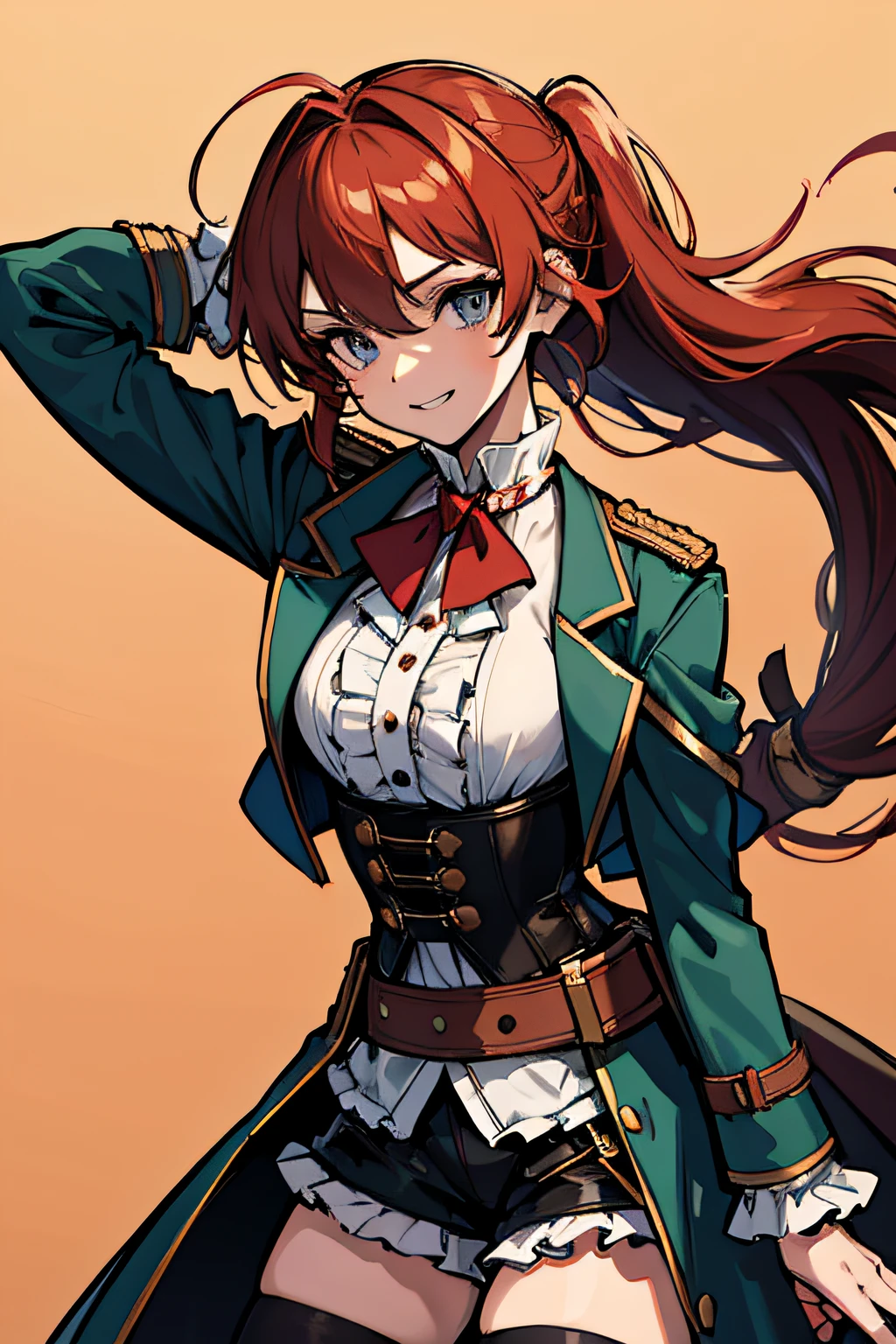 (absurdres, 8k, 4k, masterpiece, hyper extreme detailed:1.2), solo, 1girl, side view portrait, best quality, expressive eyes, perfect face, 1girl, portrait, solo, Female, mature female, adult, red hair, orange gradients, braided wavy pony tail, hair covering left eye, medium, braided hair, victorian clothing, adventurous, cool, confident, incredible, explorer, shorts, long coat, bow, suave, charismatic, tan long sleeve shirt, frilly shirt, necklace, locket, cowboy shot, half body, perfect anatomy, hand brushing through hair, choker, brown corset, sash, large belt, victorian, Shakespearean, actor, theatrical, smile, happy, brilliant, wearing oversized_coat, dark seafoam green, cloak, hands outstretched, white shirt, frilly shirt, sleeve frills, bag, corset, gloves, shoulder bag, thigh holster, thigh strap, suspenders, flowing hair, windy hair, wind, ponytail