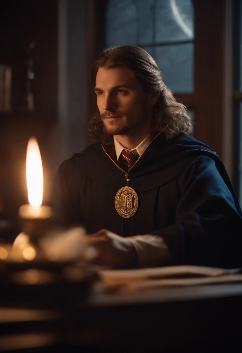 90's style Wizard man , Hogwarts student college(30 years old), chilling, awesome lightning, fun in his room, playing magic the gathering