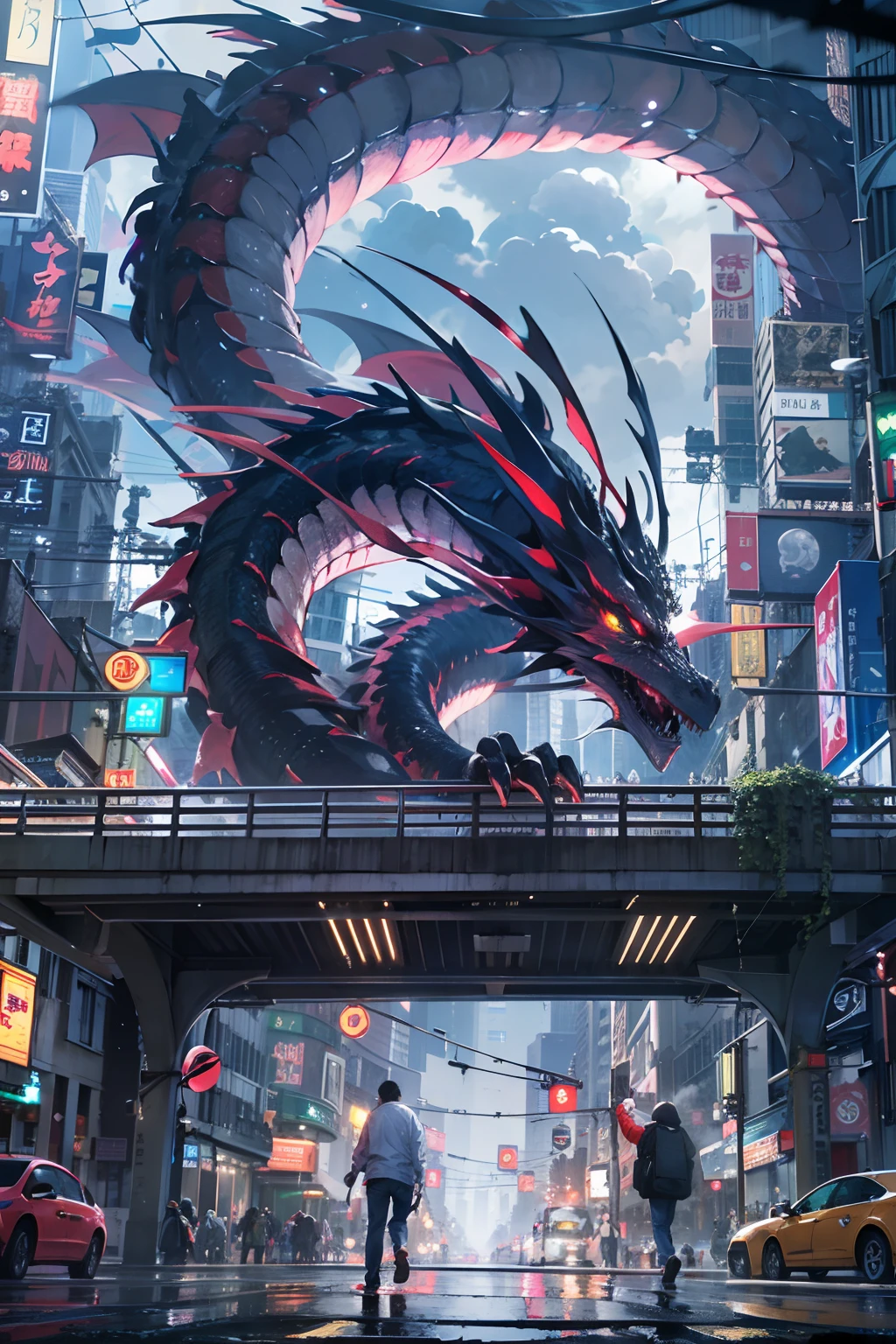 Dragon in the sky、Lots of clouds,heavy fog、starrysky、Moon,Chaotic city of the future、Movie dystopia、A group of very tall skyscrapers stands in the center、Very complex cityscape,Crowded Chinese skyscrapers、street signs、streetlights、taxis、buses、Train、Pretty dim lighting、Dark road、puddles、Chaotic、Beautiful and fantastic scenery、Cinematic scenery、hightquality、masutepiece,in 8K、hight resolution、