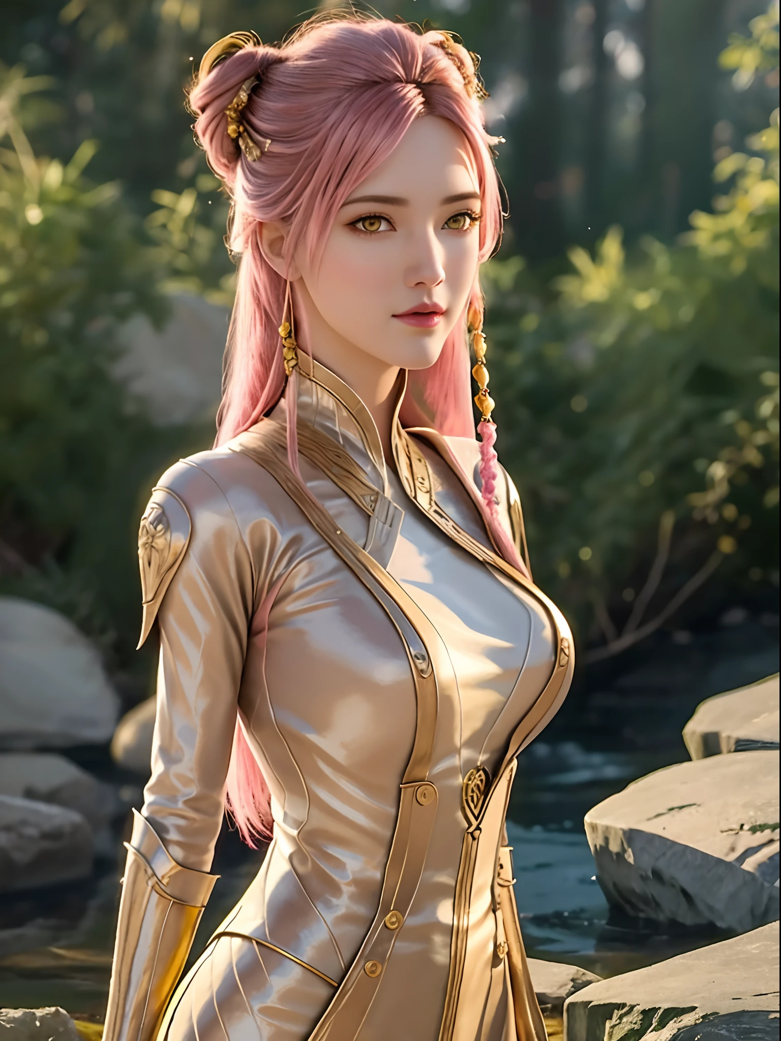 a close up of a woman in a costume holding a sword, snake woman hybrid, hot reptile humanoid woman, snake woman, queen of snakes, cgi cutscene, lamia, snake human hybrid, with scaly-looking armor, as atlantean reptilian warriors, liliana vess, serpentine pose, fuchsia skin beneath the armor,(hyperrealistic), (illustration), (high resolution), (8K), (extremely detailed), (best illustration), (beautiful detailed eyes), (best quality), (ultra-detailed), (masterpiece), (wallpaper), (photorealistic), (natural light), (rim lighting), (detailed face), (high detailed realistic skin texture), (anatomically correct), (solo), (1 girl), (high detailed realistic hair), (pink hair:1.35), (heterochromic eyes), (detailed eyes), (yellow eyes:1.37), (sparkling eyes), (realistic big breasts:1.5), (nude:1.4), (long legs), (slender abs), (dynamic pose), (closed tiny mouth:1.3), nsfw, concentrated expression, upon body