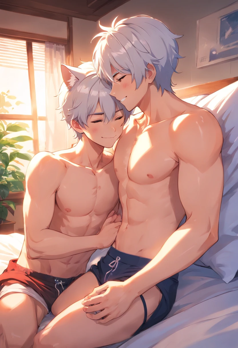 (cute male, 2 cat ears, smiling, white hair, shirtless, white jockstrap, cute boy, small body, no shirt, collar), (red haired cute male, shirtless, 2 wolf ears, bulge, red jockstrap, small body, cute boy, collar), 2 men, laying on bed, hugging, japanese house, hugging, cuddling, 2males, male only, kissing, males kissing, touching eachother, full body view, no women, no girl, love, blushing