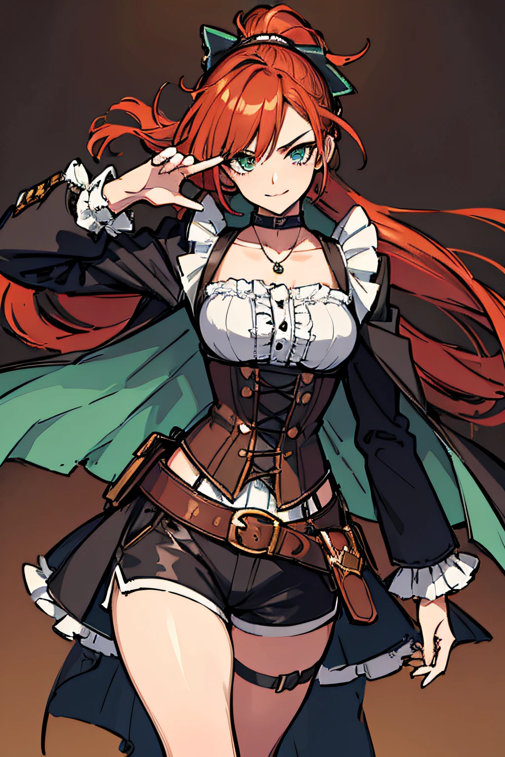 (absurdres, 8k, 4k, masterpiece, hyper extreme detailed:1.2), solo, 1girl, side view portrait, best quality, expressive eyes, perfect face, 1girl, portrait, solo, Female, mature female, adult, red hair, orange gradients, braided wavy pony tail, hair covering left eye, medium, braided hair, victorian clothing, adventurous, cool, confident, incredible, explorer, shorts, long coat, bow, suave, charismatic, tan long sleeve shirt, frilly shirt, necklace, locket, cowboy shot, half body, perfect anatomy, hand brushing through hair, choker, brown corset, sash, large belt, victorian, Shakespearean, actor, theatrical, smile, happy, brilliant, wearing oversized_coat, dark seafoam green, cloak, hands outstretched, white shirt, frilly shirt, sleeve frills, bag, corset, gloves, shoulder bag, thigh holster, thigh strap, suspenders, flowing hair, windy hair, wind, ponytail, steampunkai