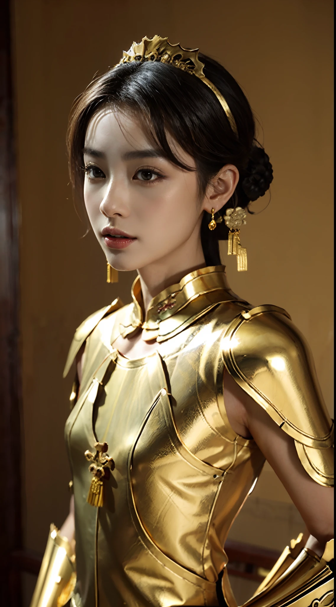 small head, (perfect bodies: 1.1), (short-length straight black short hair: 1.2), （极其细致的CG 8k壁纸），（Extremely refined and beautiful），（masterpiece），（best qualtiy：1.0），（超高分辨率：1.0），[A high resolution],Mighty,serious,(Smooth and flawless fair skin:1.5),(shiny skin:1.5),(ultra - detailed,(Small breasts:1.1),Flat chest,Slim,thin,(Gorgeous Chinese Dragon Style Empress Armor:1.5),jewels,Necklaces, earrings, rings, bracelets,in Luxury Chinese Palace，from front，(Close shot:1.3),cowboy shot,Portrait