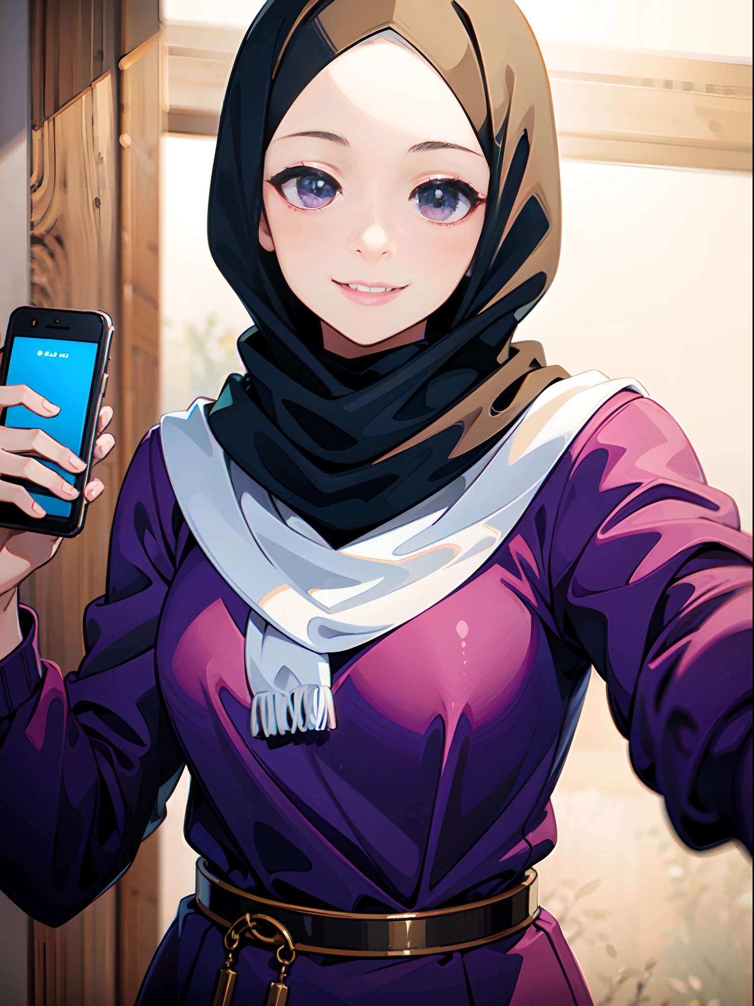 smiling woman wearing a purple scarf and a striped shirt, 30 years old woman, friendly smile, selfie of a young woman, slight smile expression, close up potrait, hijab