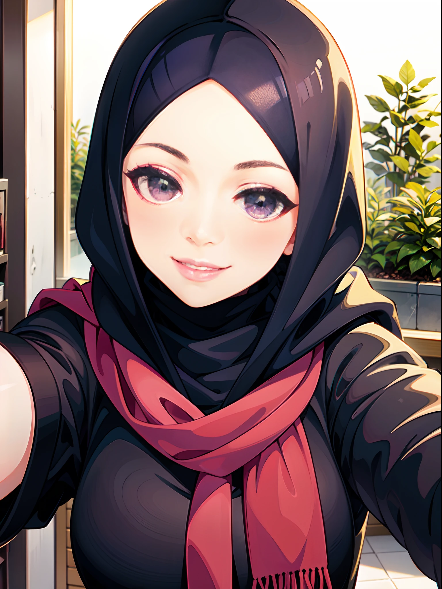 smiling woman wearing a purple scarf and a striped shirt, 30 years old woman, friendly smile, selfie of a young woman, slight smile expression, close up potrait, hijab