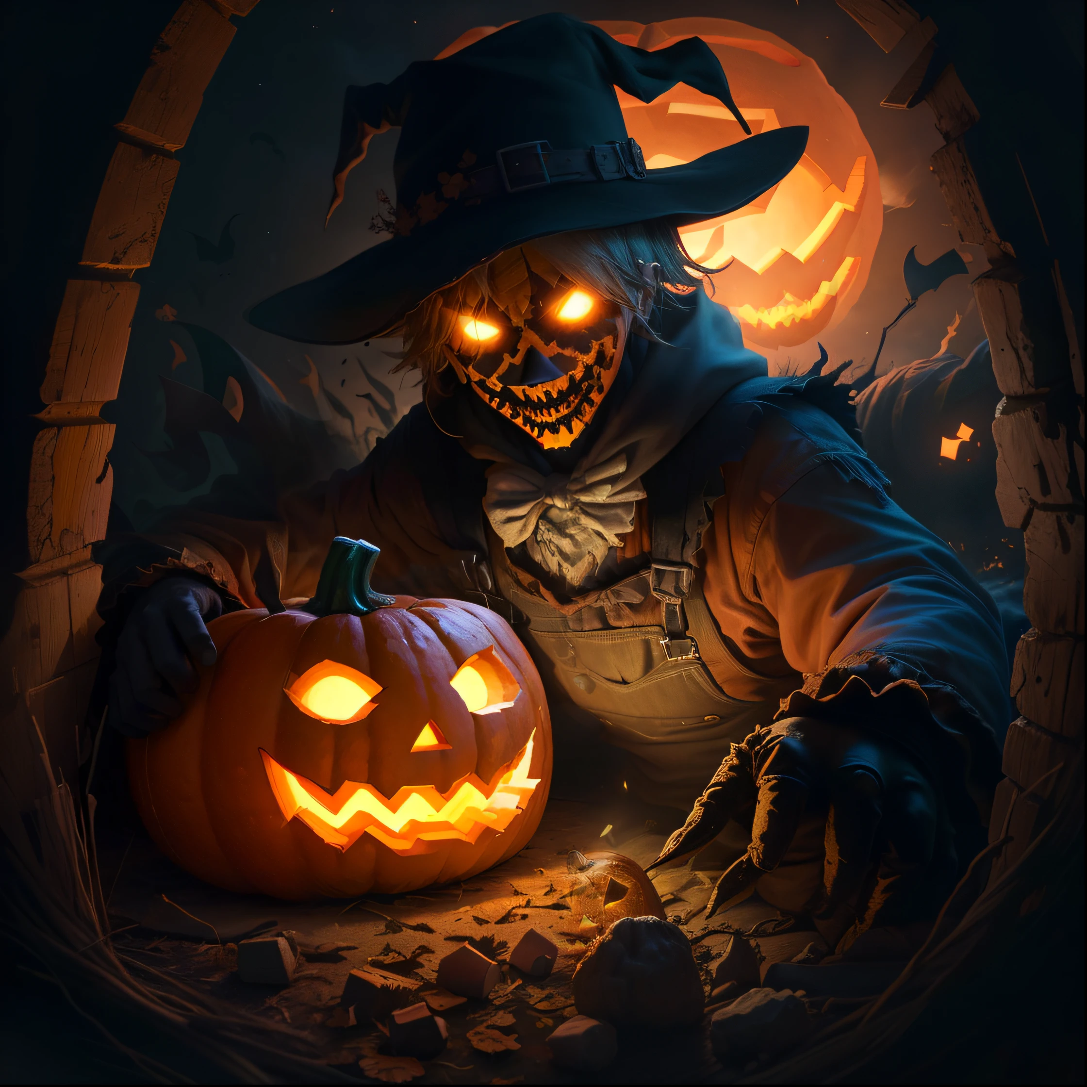 foreshortening, depth of field, masterpiece, best quality, a scarecrow emerges, its pumpkin head grinning wickedly, and it clutches two jack-o'-lanterns, turning the night into a scene from a ghostly tale.
