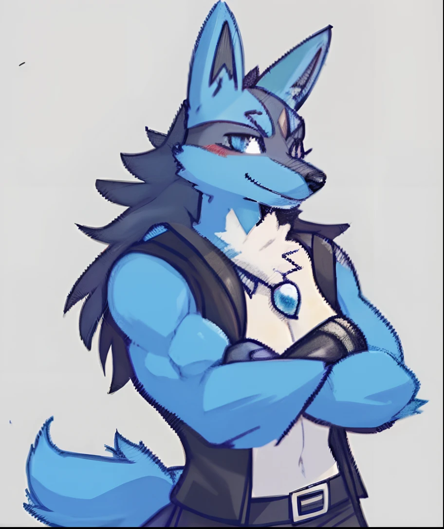 portrait of lucario, lucario, fursona art, anthro art, lucario from pokemon, fursona commission, professional furry drawing, smile, buff, cool, crossed arms