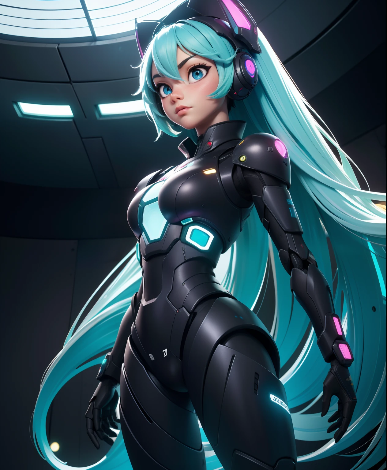 CGMECH, Olhos bonitos, parte superior do corpo, Peito Inferior,  retrato, Robot, armadura, Hatsune miku, Neon light, 8k, .RAW, best quality, master part, ultra high-resolution, colorido, (Medium Wide Shot), (dynamic perspective), foco nítido , (profundidade de campo, Bokeh:1.3), olhos e rosto extremamente detalhados, belos olhos detalhados,seios grandes,(ouro negro, engrenagem aparada:1.2),(In a futuristic weapons factory:1.2), ((master part, best quality)), Antecedentes detalhados, Interior da nave espacial