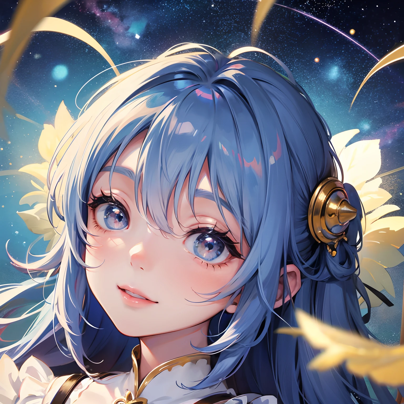 Looking up at the starry sky、Little smiling girl、Look up、Hairstyle is fluffy long