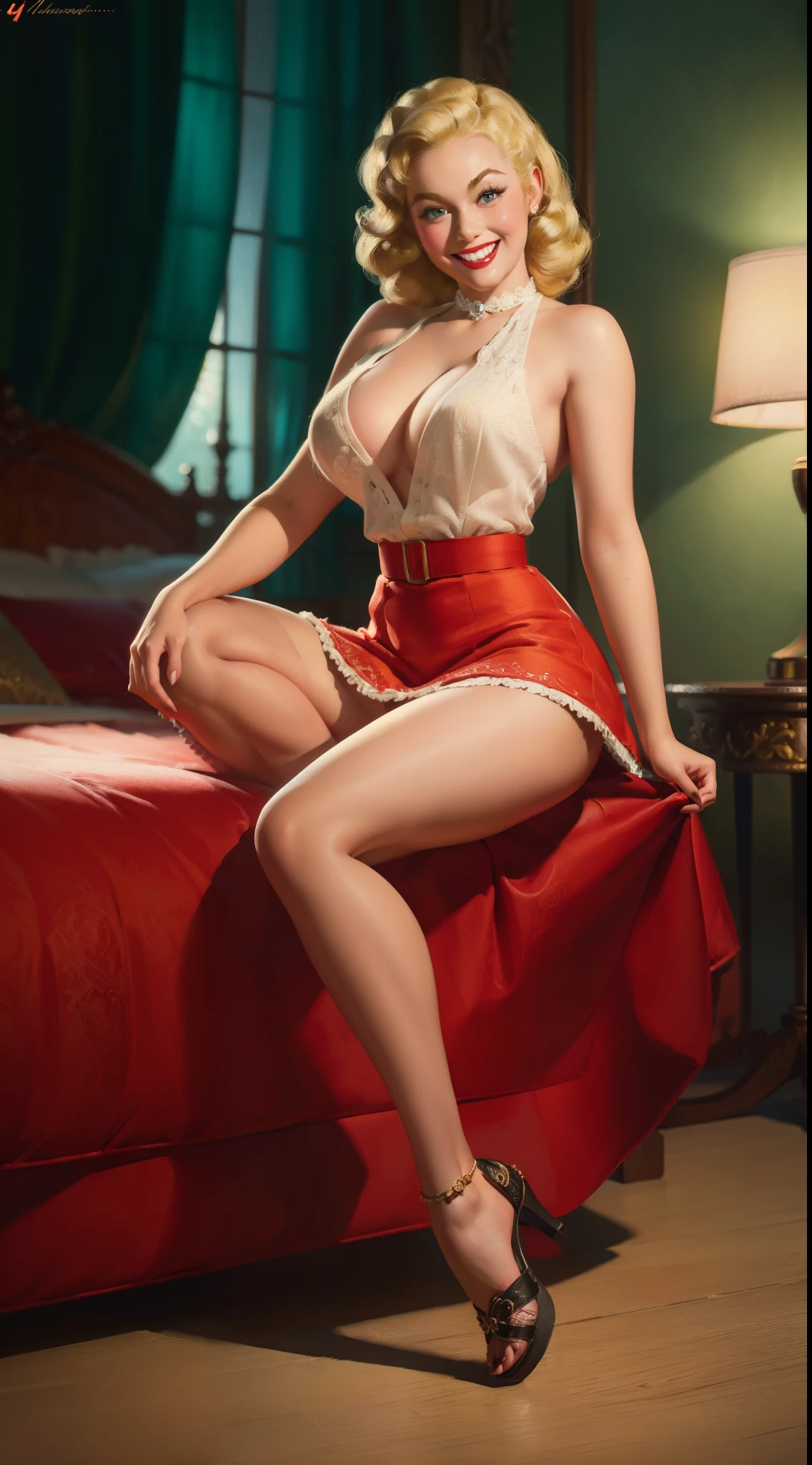 (masterpiece:1.4), (best quality:1.4), retro vintage pin-up style, extremely detailed, intricate, hyper-detailed, illustration, soft lighting, 20 years old girl,  Blonde hair, doted skirt, bend_over, grin, (perfect_face), sitting, bad, ornate, intricate, dramatic lighting, 4k, detailed_background, caustics, full_body, digital_illustration