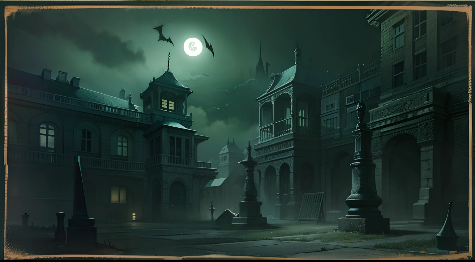Dark hospital ，Mysterious shadow，Pale moonligh，Chilly atmosphere，Spooky atmosphere。