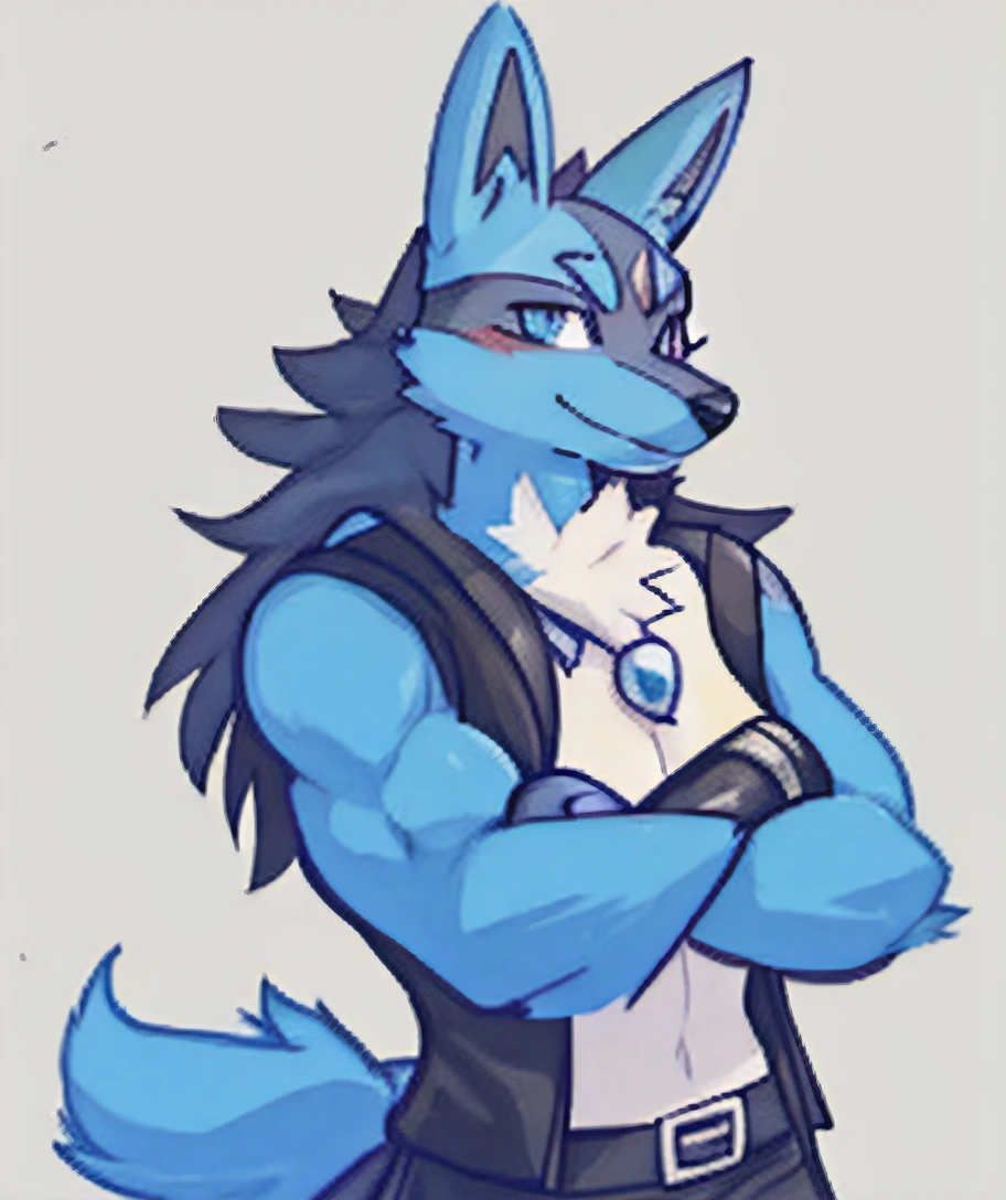 portrait of lucario, lucario, fursona art, anthro art, lucario from pokemon, fursona commission, professional furry drawing, smile, buff, cool, crossed arms